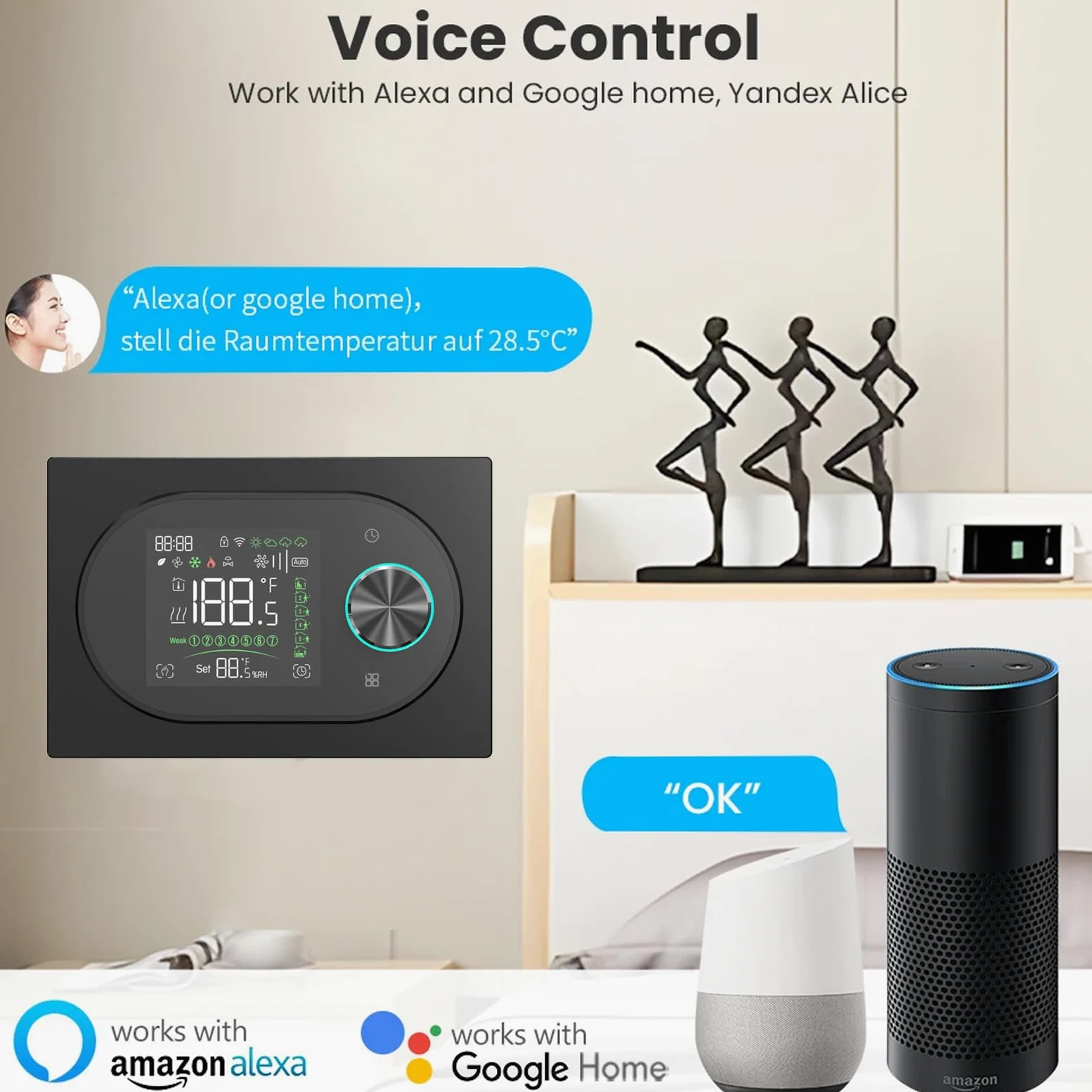 BECA BHT-9000GBLW Termostato Smart WiFi per Riscaldamento Elettrico, 16A, Manopola LED, Programmazione 5+1+1 (6 periodi), Tuya Smart/Smart Life, Alexa/Google, – Expert4House Edition (Nero)
