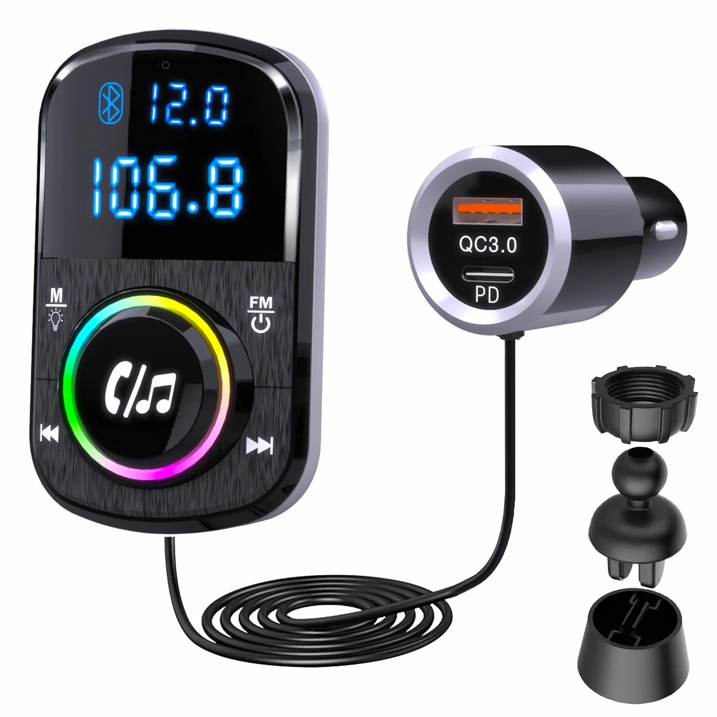 GizmoVine Bluetooth Coche, Transmisor FM, Soporte Manos Libres/QC3.0 y PD Cargador Rápido/Luz Ambiental/Base Autoadhesiva y Clip con Cable 1.1 - Reproductor de Música con Tarjeta BT/TF