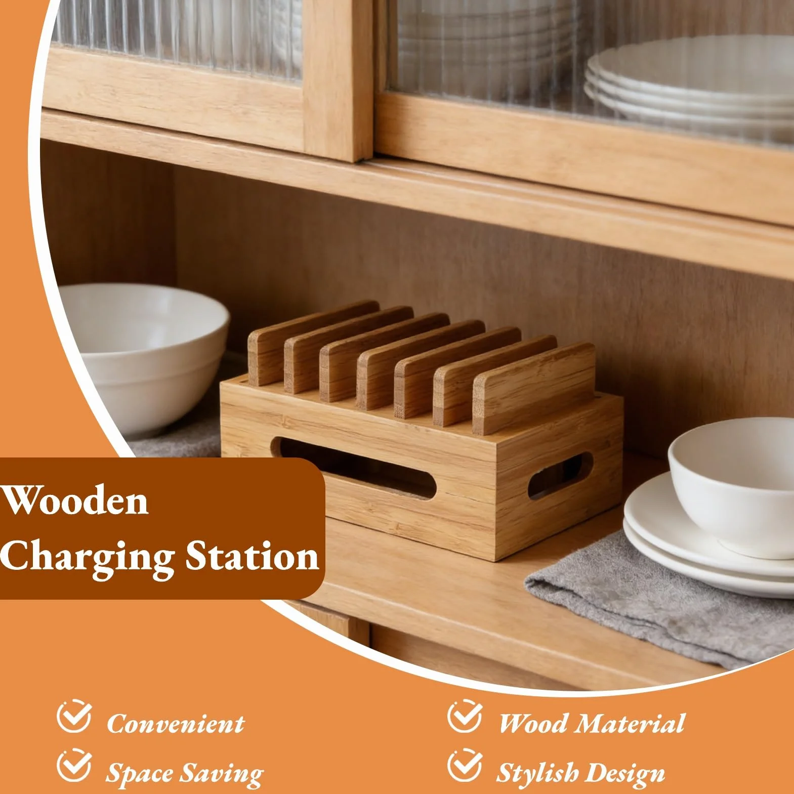Stazione di ricarica in legno, 6 porte Multi Device Organizzatore di docking cellulare Stato di archiviazione per tablet per smartphone