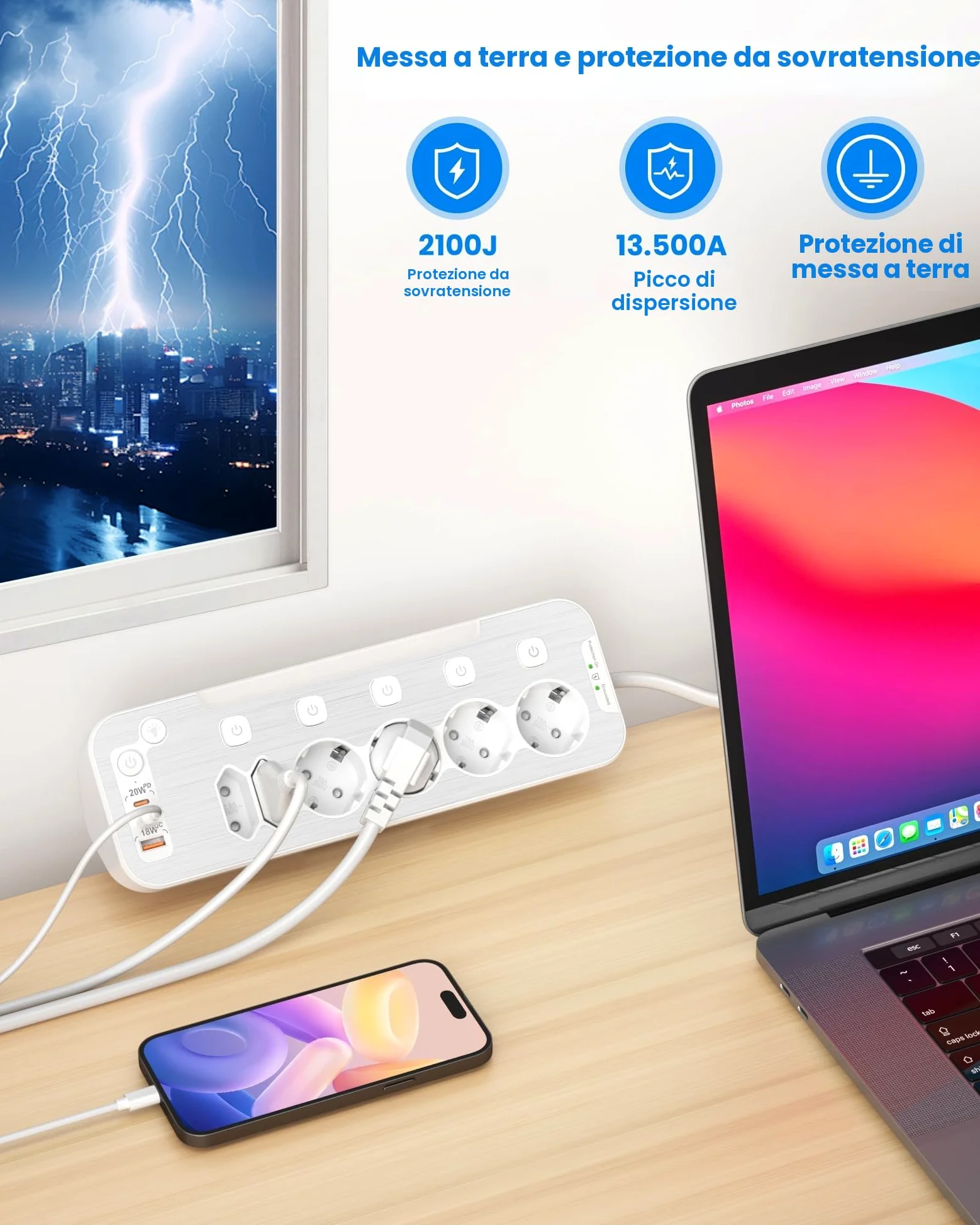 Ciabatta Multipresa da Scrivania,Multipresa Schuko Protezione Sovratensione | Presa Multipla Salvaspazio 6 Presa,Presa da Tavolo con USB C,Angolare Ciabatta Elettrica con Interruttore,Cavo 2 M,Bianco