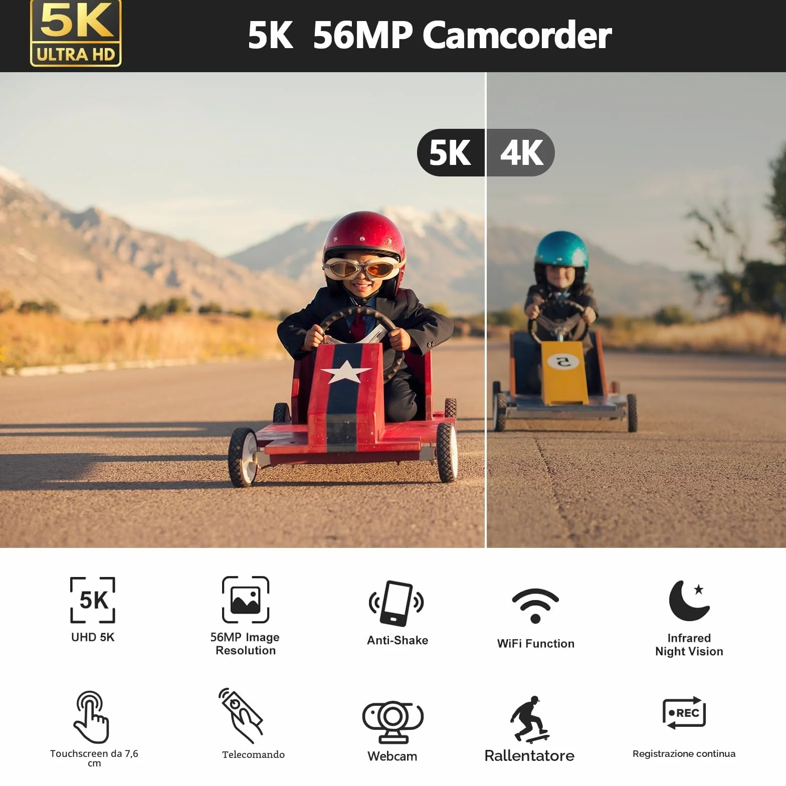 Videocamera 5K 56MP WiFi 16X Zoom Digitale con IR Visione Notturna Vlogging Camera, 3.0" IPS Schermo Video Camera per Youtube con Stabilizzatore, Scheda SD da 64 GB, Telecomando, Microfono, batterie