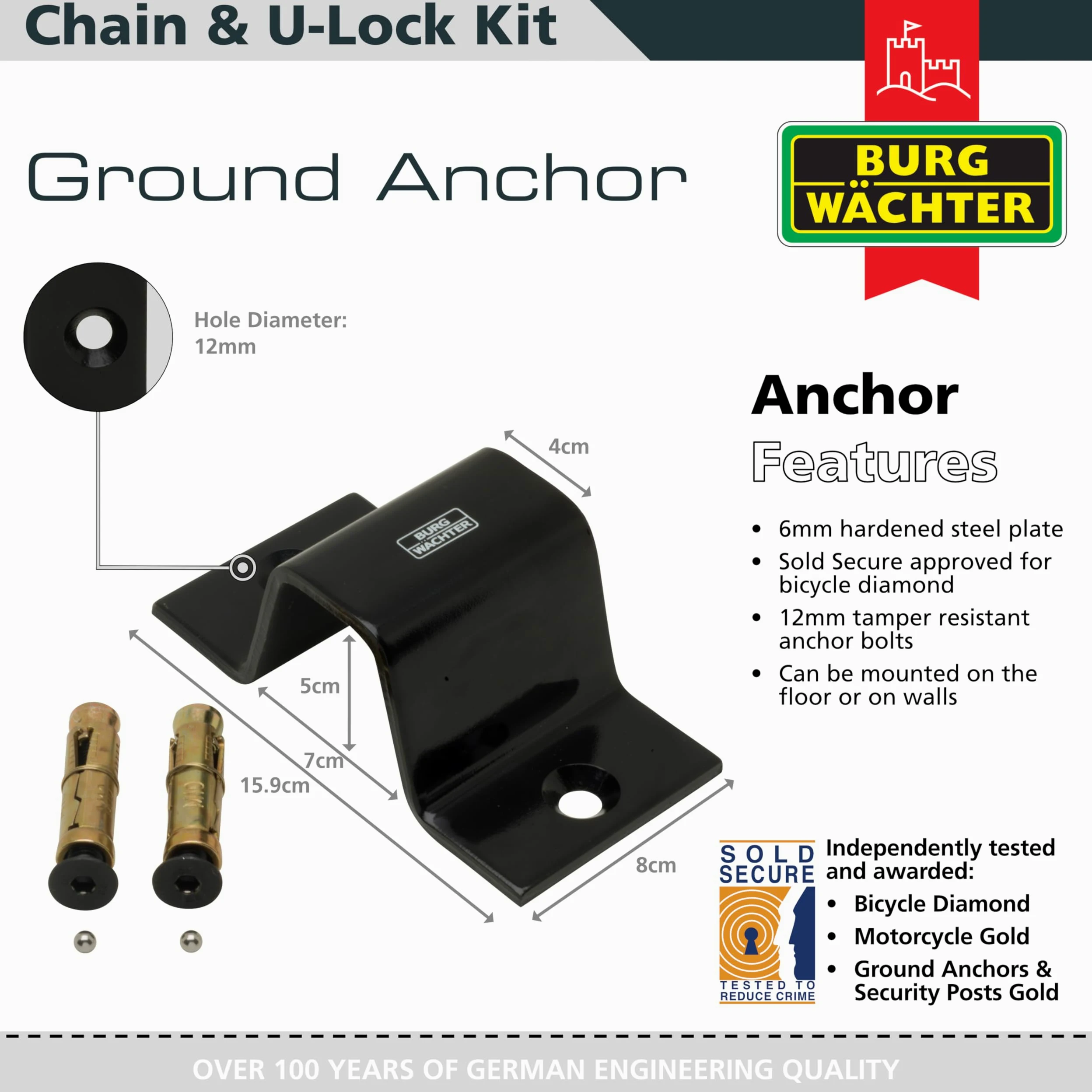 Burg Wachter Sold Secure Diamond & Gold 12 mm con chiave uguale catena e ancoraggio a terra, confezione doppia, nero, 1 m