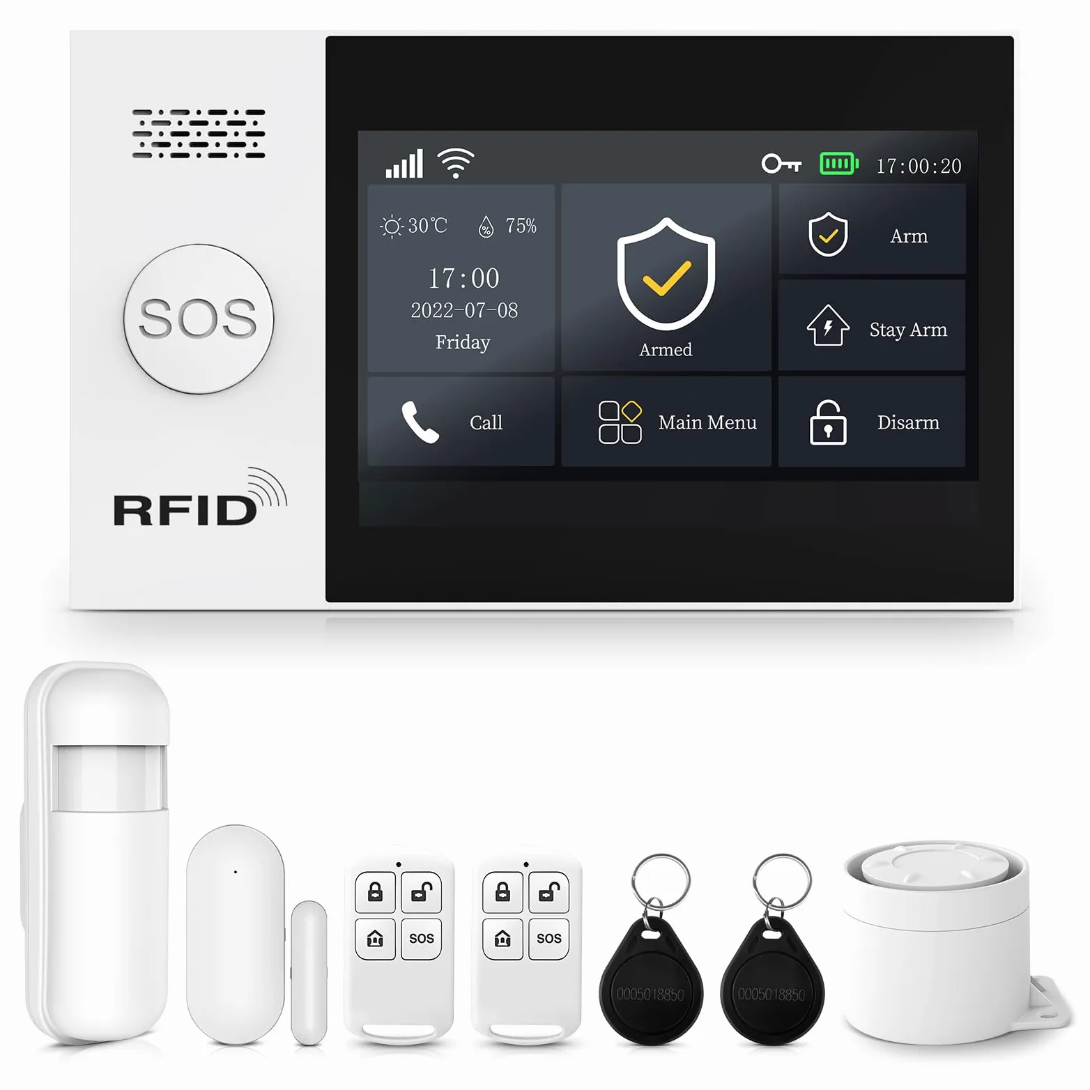 XNY Schermo Tattile Completo Allarme Casa Senza Fili WiFi GSM, Allarme Casa con Sirena, Antifurto Casa Wireless con Avviso APP, 8 Pezzi: Sensore di movimento, Sensore per Porte e Finestre, Telecomando