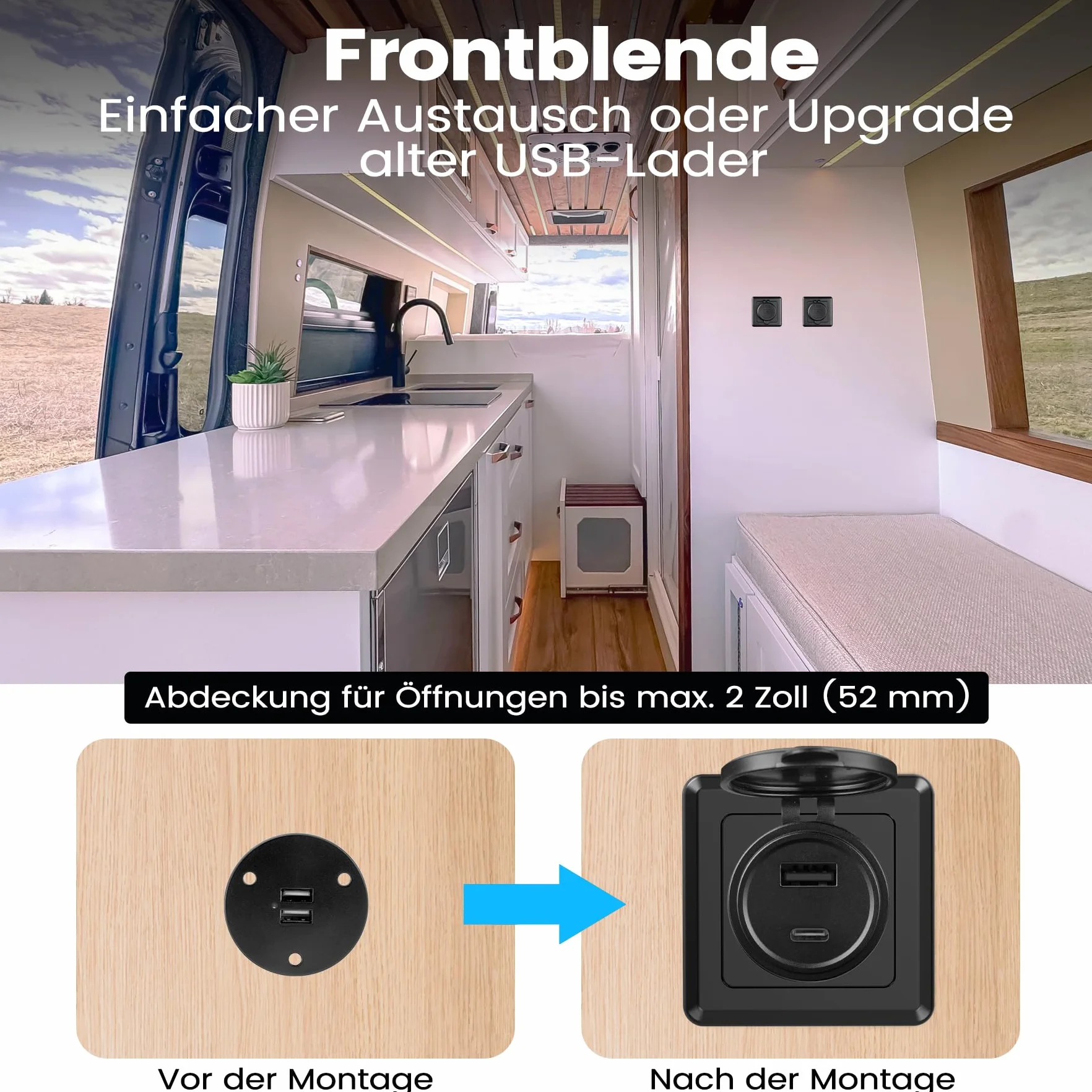 RV USB-A/C Dual Port Socket QC3.0 Tipo A & PD3.0 Tipo-C, Uscita di ricarica rapida USB in alluminio 12V con facciata nera, ideale per RV, barca, caravan, rimorchio camper (2 confezioni)