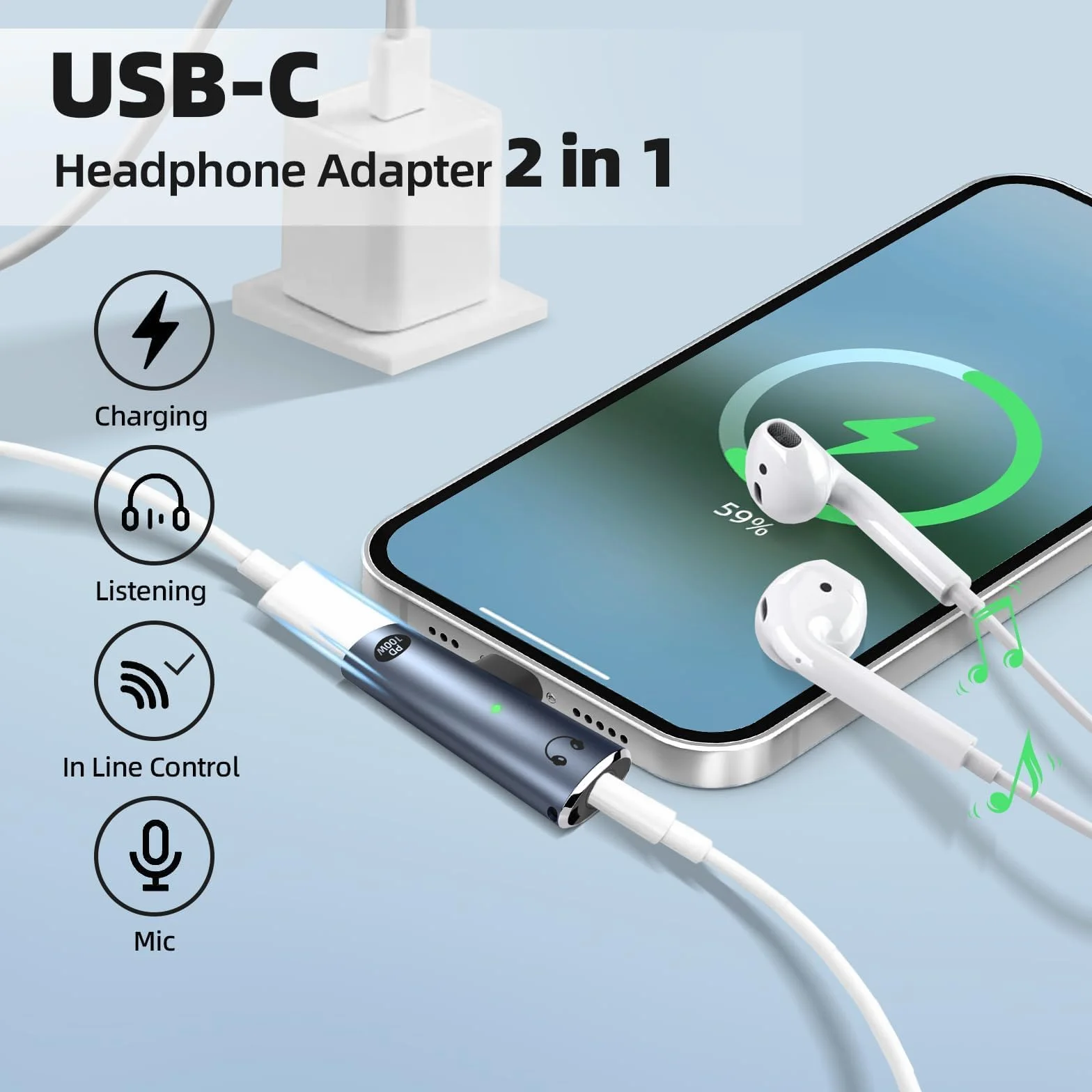 Adattatore per cuffie USB-C – 2 in 1 Ricarica Rapida da 100W e Adattatore Audio da 3.5mm per Telefoni e Dispositivi di Tipo C