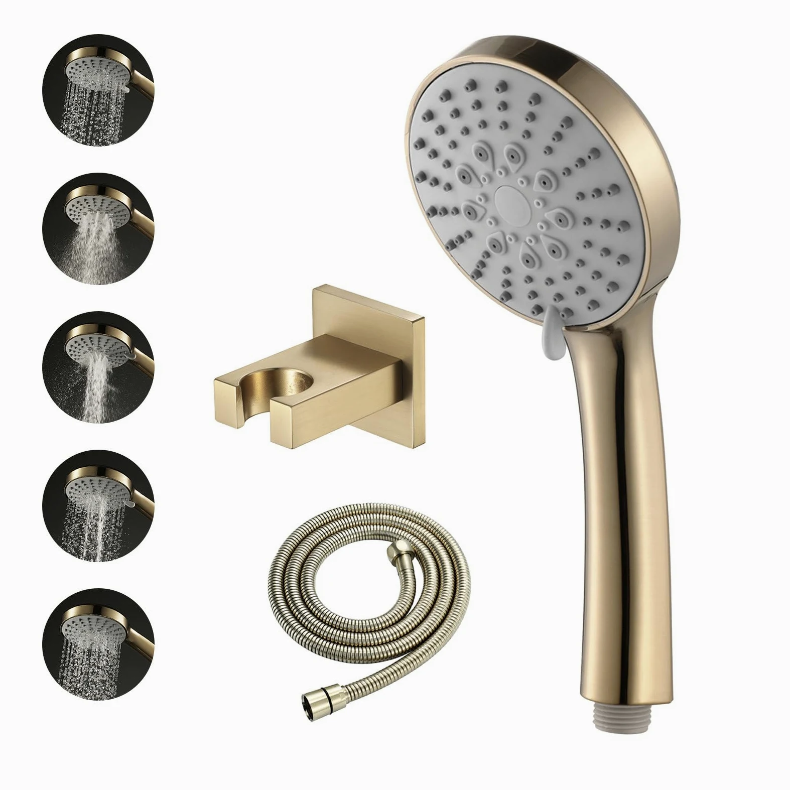 Soffione Doccia 5 modalità Oro Spazzolato, Doccetta Alta Pressione con Supporto in Ottone e Flessibile 1,5m, Doccino per Doccia Anticalcare e Risparmio Idrico, per Bagno e Vasca