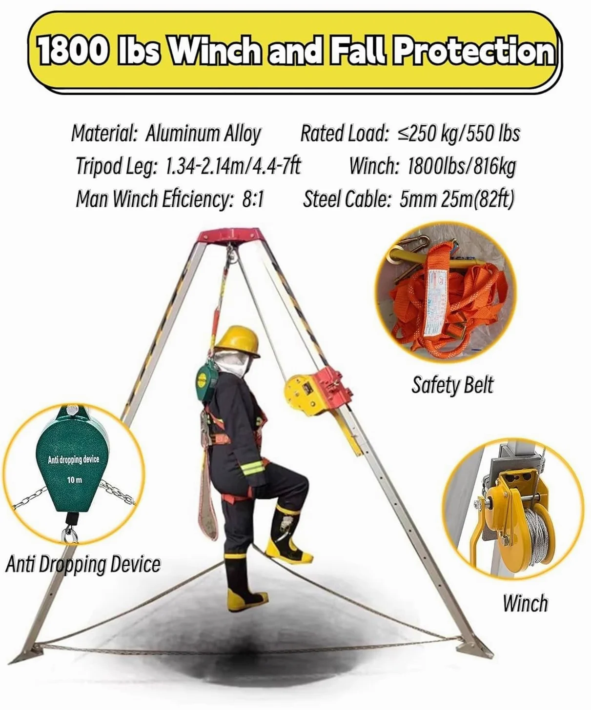 Generico Kit anticaduta per impieghi gravosi - Sistema di Soccorso a treppiede da 544 kg (1200 libbre) per spazi confinati, Attrezzatura di Sicurezza per Alta Quota per Gru a Torre, Pozzi, gallerie e