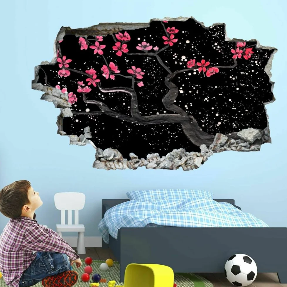 Adesivo Da Parete 3D Rimovibile Fiori Di Ciliegio Giapponesi Decorazione Da Parete, Pavimento, Soffitto, Decalcomania Fracassata, Decorazione Artistica Albero Per Soggiorno, Murale 120x80cm
