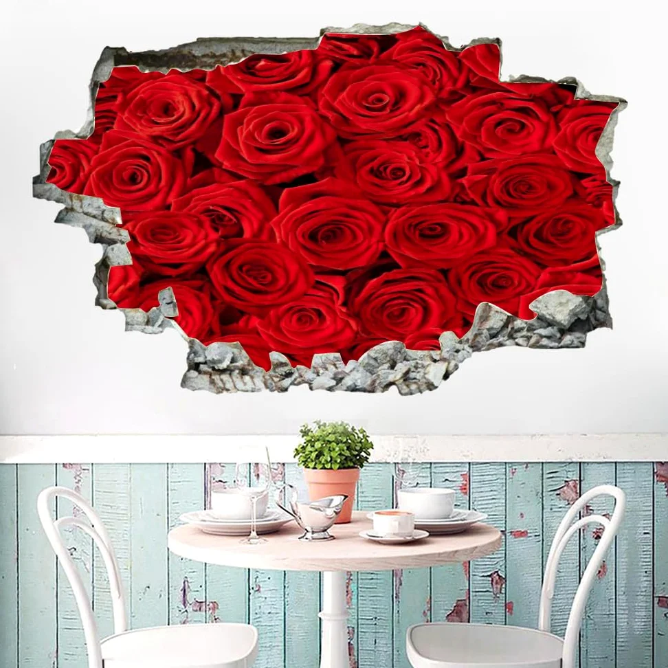 Decorazioni da parete Adesivi 3D fracassati Rosa rossa Rimovibile Art Wall Tattoo Pianta Famiglia Decalcomanie da muro per la casa Nursery Girls Bambini Soggiorno Camera da letto Decorazione
