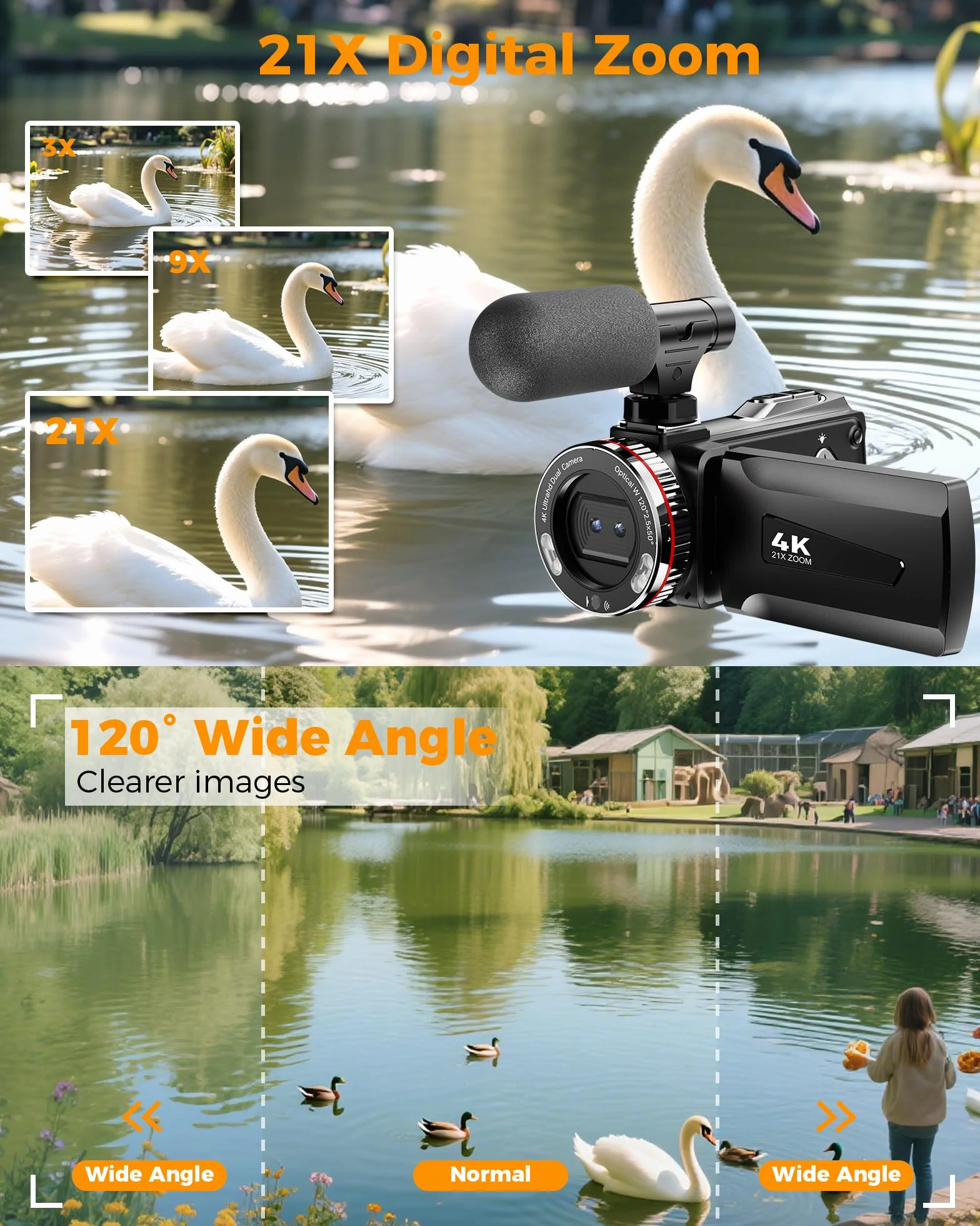Videocamera 4K 48MP Camcorder per YouTube, 21X Zoom Digitale Videocamere, Schermo Rotante 270° 3" Vlog Camera, Video Camera con Scheda TF da 32 GB, Cavo HDMI, Mic, Telecomando, 2 Batterie