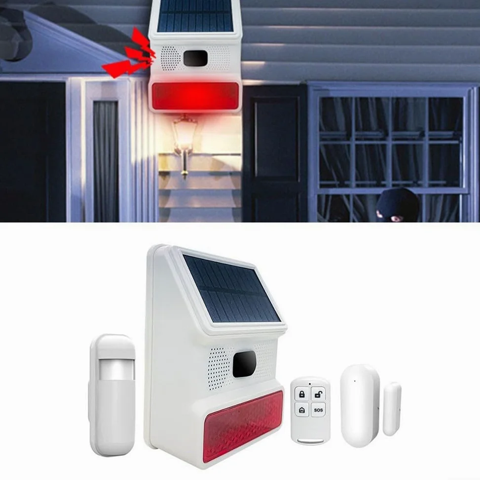 Sirena solare per esterni, 433 MHz, allarme senza fili, con luce lampeggiante, per la sicurezza domestica, giardino, capannone, garage, resistente alle intemperie, ABS bianco (C)