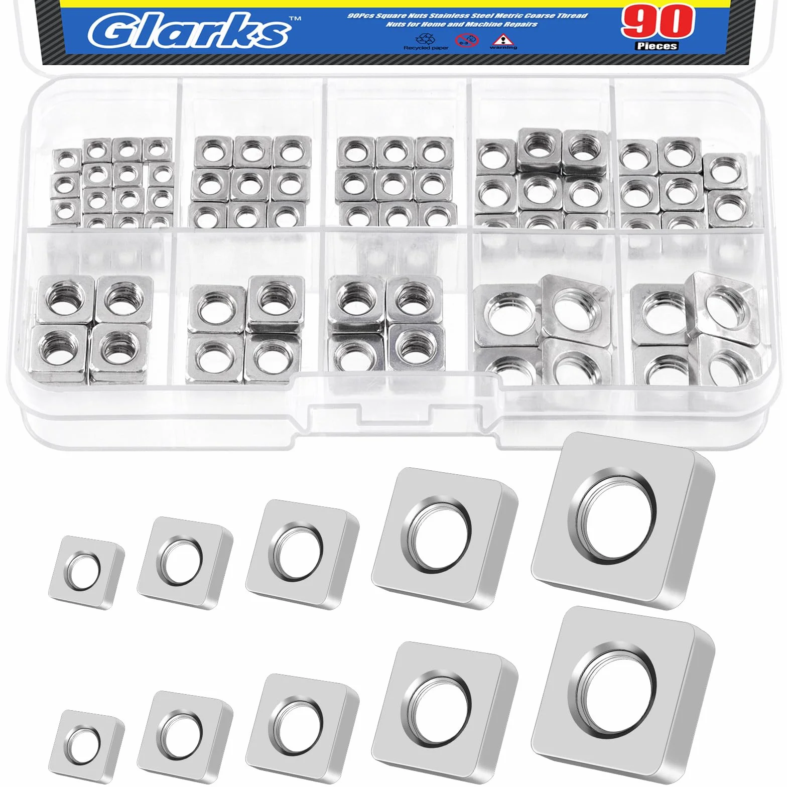 Set di 90 dadi quadrati in acciaio al carbonio e inox M3 M4 M5 M6 M8 kit assortimento