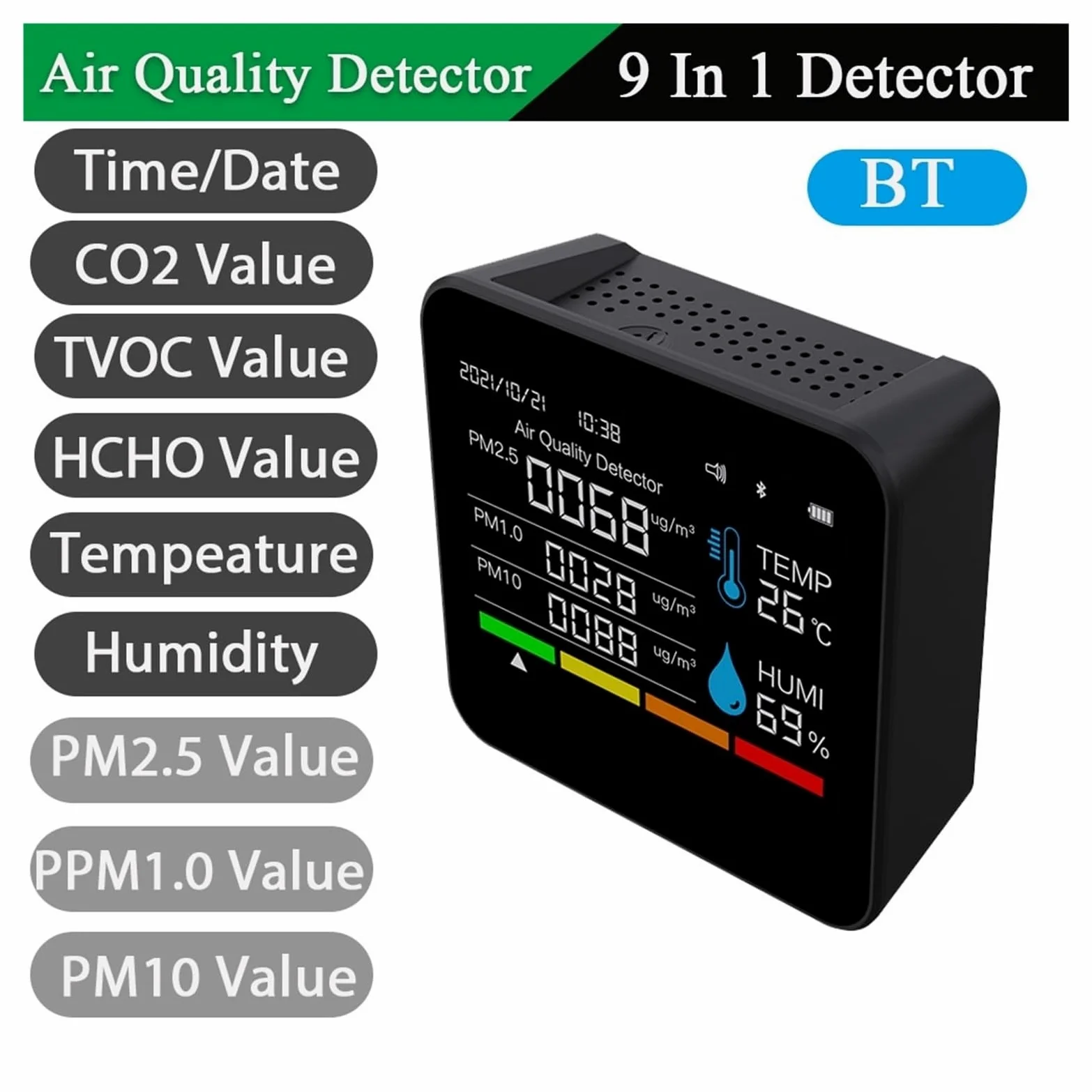 9in1 Misuratore di qualità 'aria CO2 Rilevatore anidride carbonica TVOC HCHO PM2.5 PM1.0 PM10 Tester umidità della temperatura Per cucina e camper