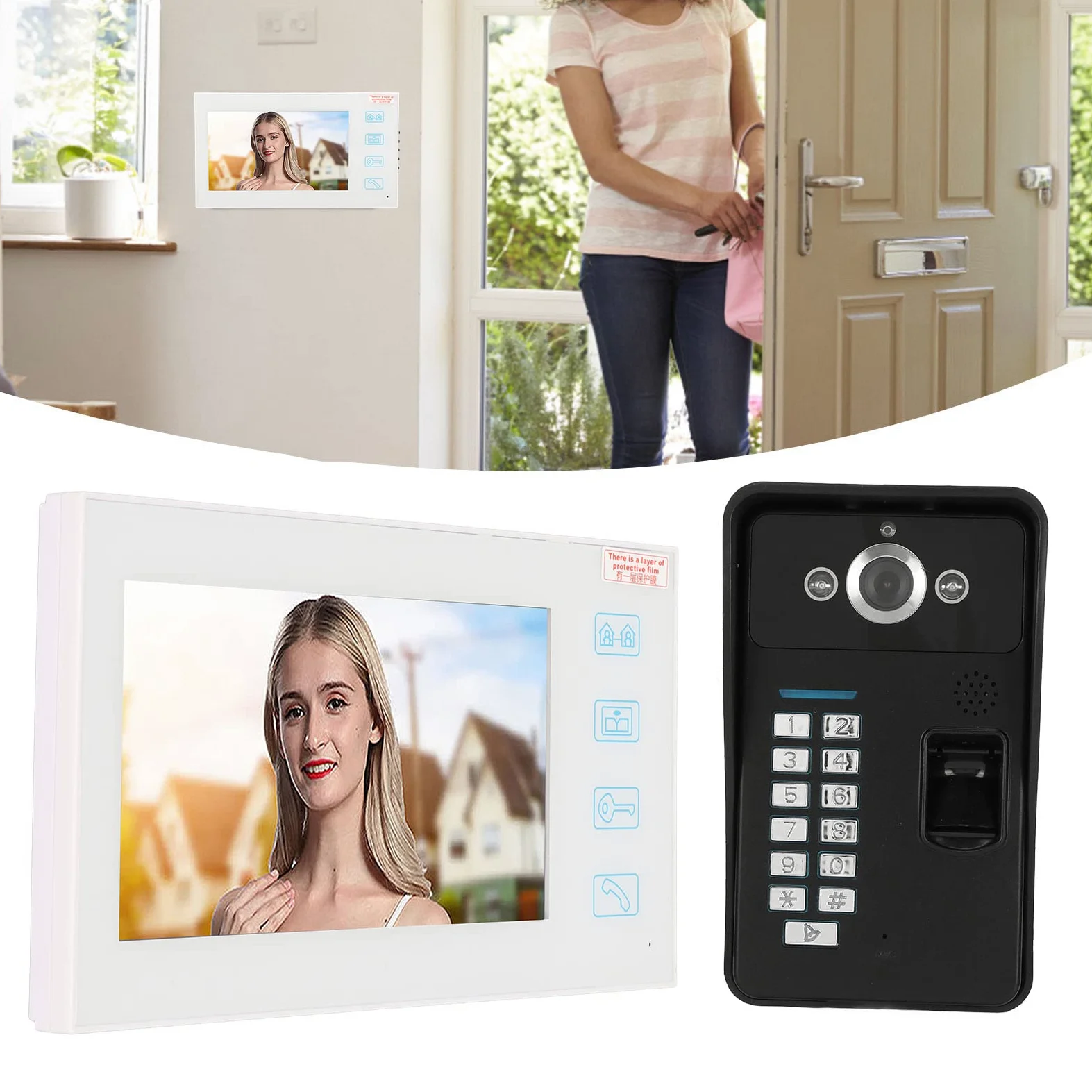 Sistema Videocitofono da 7 Pollici, Videocitofono Campanello Video HD LCD Vivavoce Monitor Videocitofono, Monitor Password Identificazione Impronte Digitali TFT Cablato con Visione Notturna per la(#1)