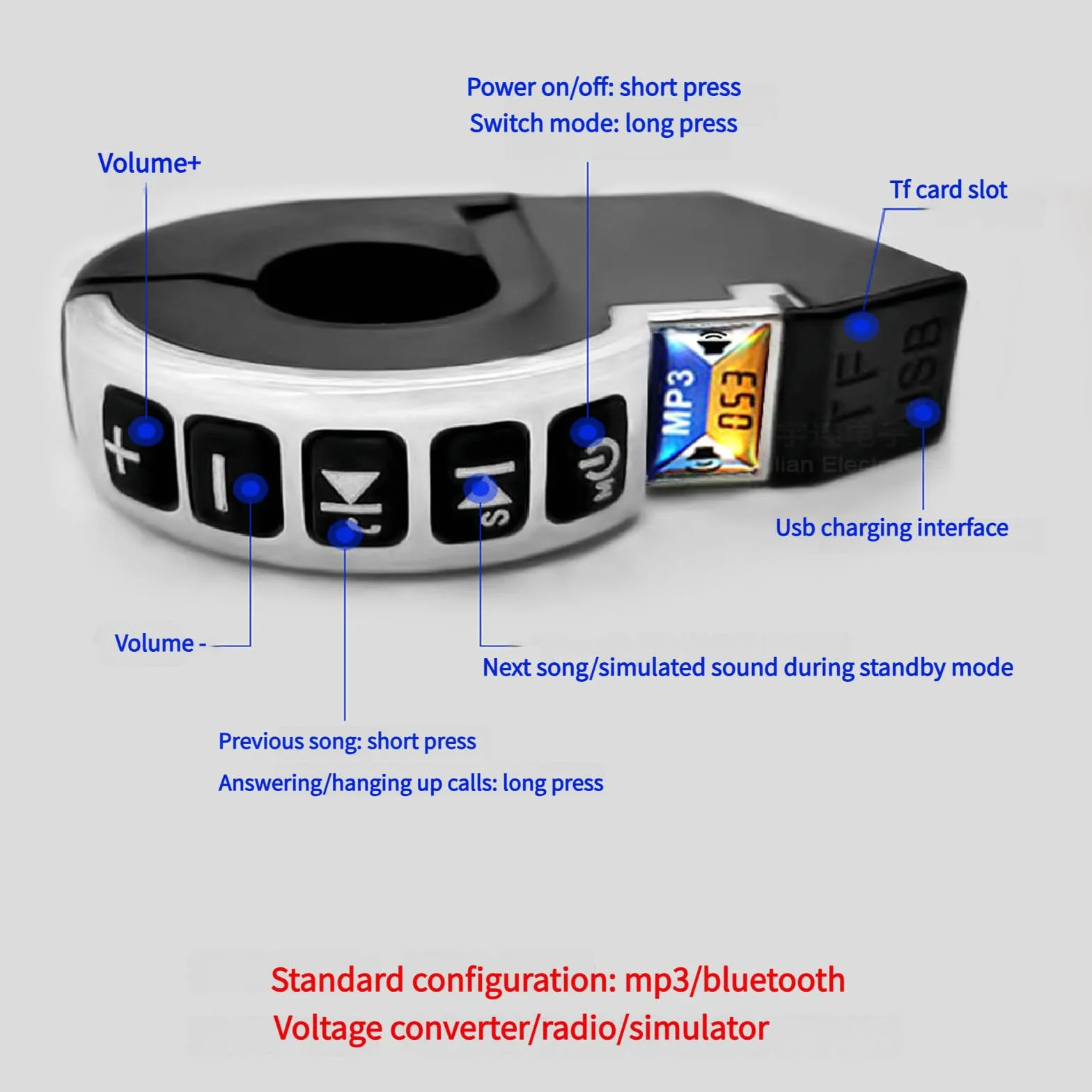 Altoparlante Stereo per Moto Bluetooth Impermeabile con Supporto per Manubrio. Supporta Bluetooth, Riproduzione da Scheda TF e Ricarica USB per telefoni cellulari