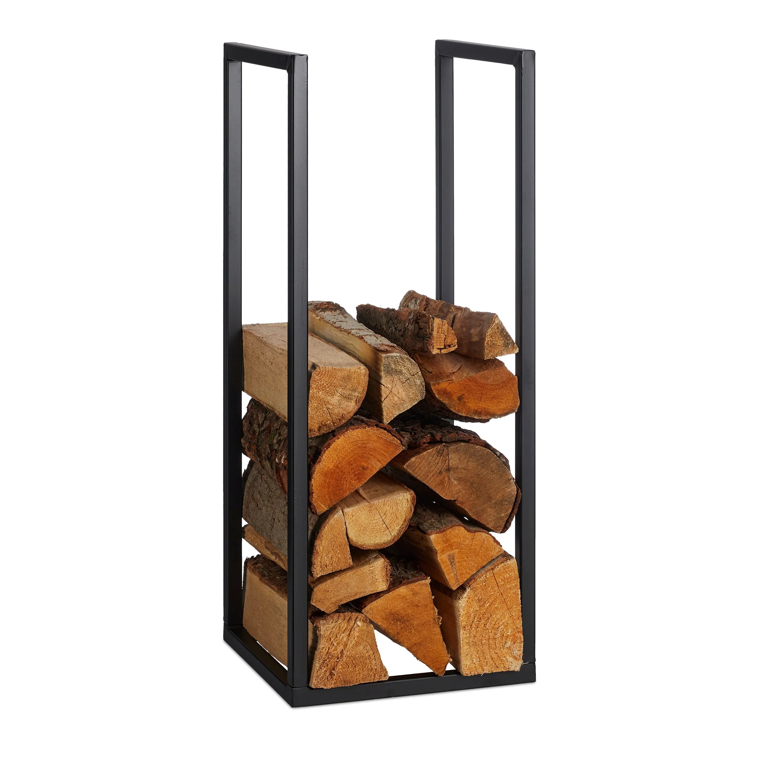 Relaxdays Scaffale Portalegna da Interno in Metallo, per Ceppi da Camino, HLP 75x30x30 cm, Porta Legna da Ardere, Nero