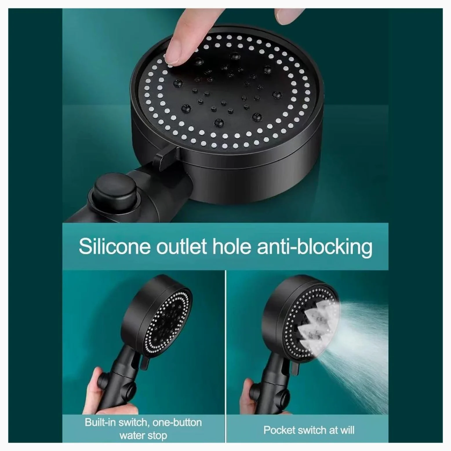 Soffione doccia ad alta pressione bianco e nero con 5 modalità regolabili, supporto per tubo flessibile, ugello a un clic per il risparmio idrico(Silver and Holder)