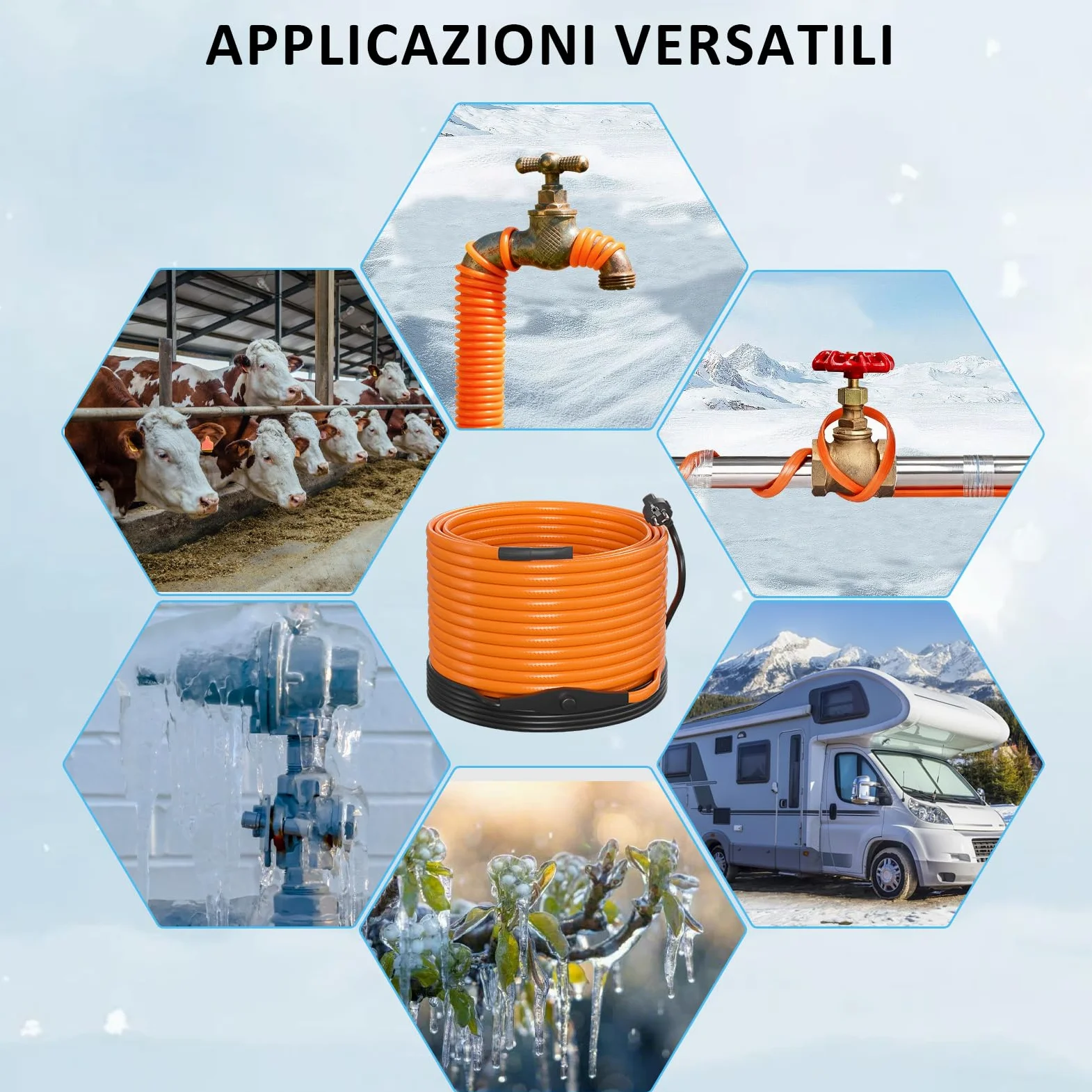 Cavo Riscaldante con Termostato, 8m Cavo Riscaldante 25 W/m Autorregolante Serpentina Riscaldante con Termostato IPX7 Impermeabile Cavo Scaldante per Tubazioni Piante Grondaie Protezione Antigel