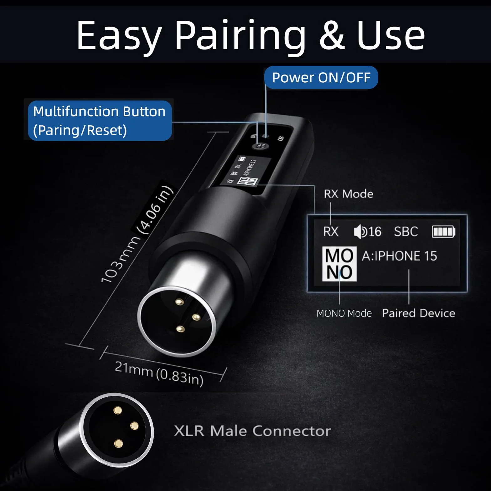 Ricevitore Bluetooth XLR wireless, adattatore audio XLR per altoparlanti PA e mixer audio, suono live e streaming, display di stato, batteria 14H, portata 30,5 m, ricarica USB-C (singolo)