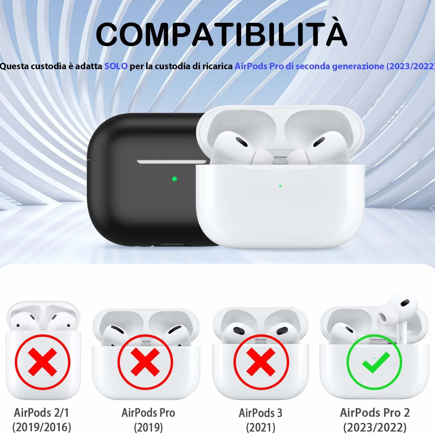 Custodia per AirPods Pro di seconda generazione, Custodia per AirPods Pro in morbido silicone anticaduta e antiurto Skin Touch con portachiavi e kit di pulizia,Nero