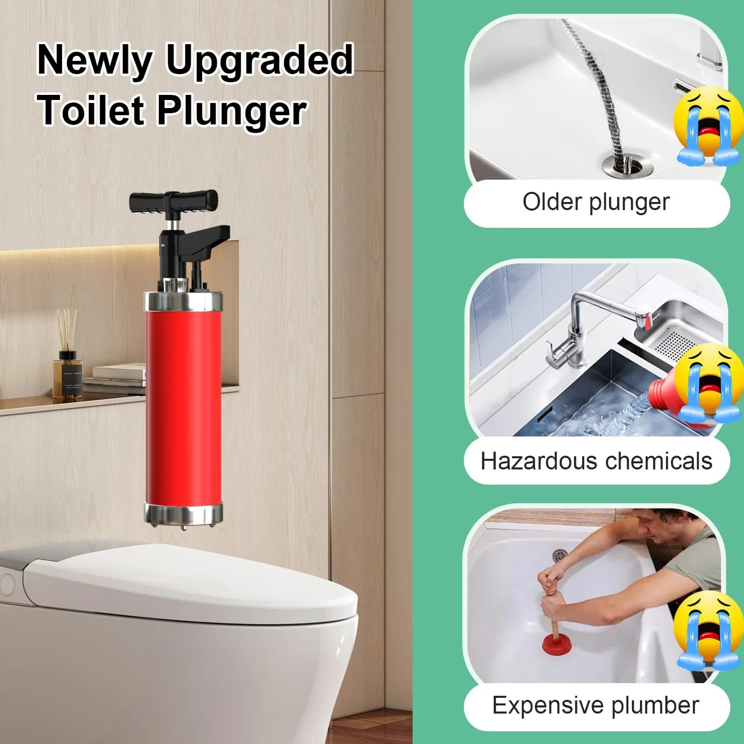 Stura WC con 4 Ventosas, Sturalavandini a Pressione con Barometro, Pompa Stura Scarichi a Pressione, Stura WC ad Aria Compressa, Sblocco Rapido, per WC Lavello Pavimento Lavabo