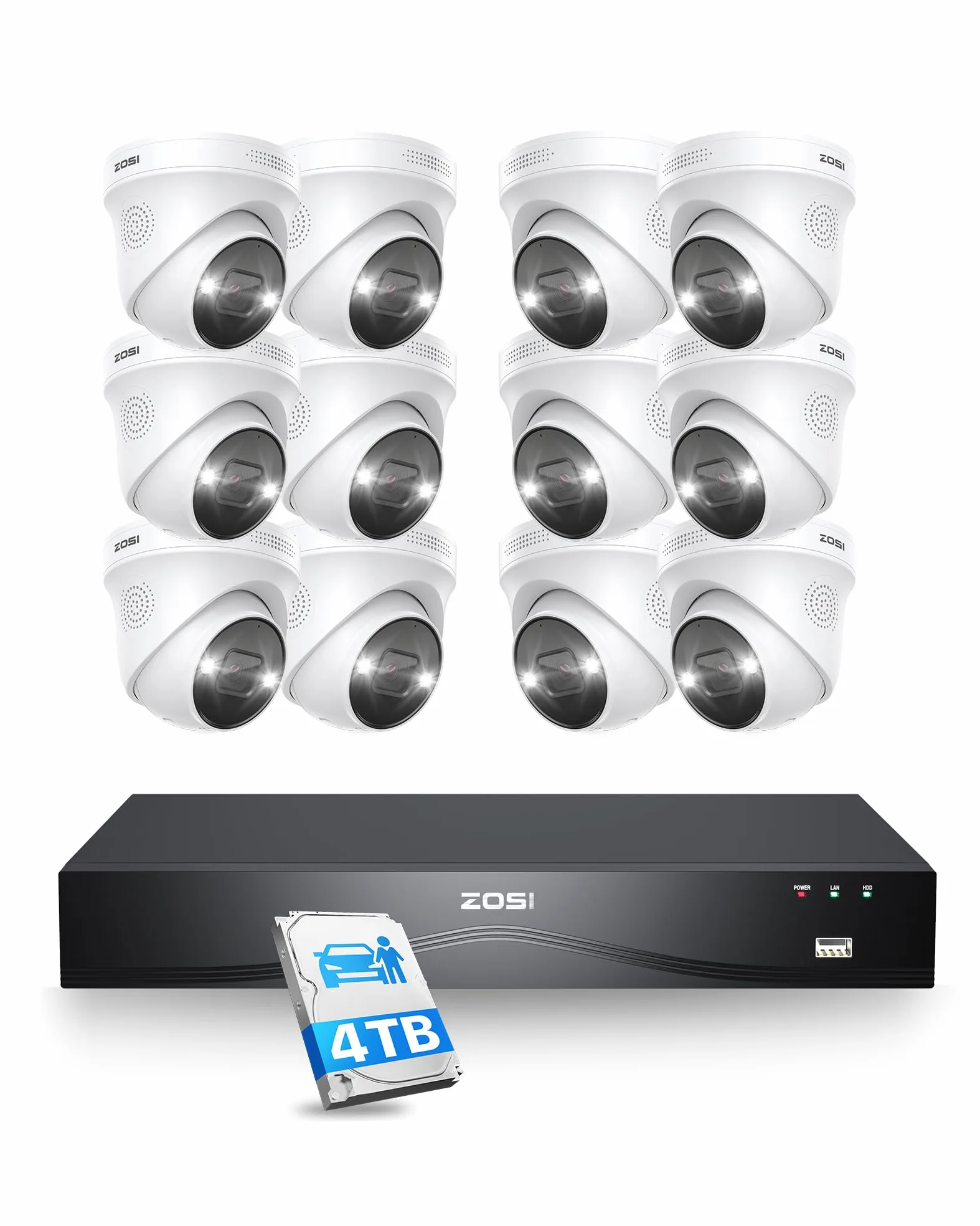 ZOSI 4K Kit Videosorveglianza PoE, 16CH 4K 4TB NVR con 12X 8MP Telecamera PoE, AI Rilevamento di Persone e Veicoli, Visione Notturna a Colori, Audio Bidirezionale, Allarme Luminoso e Sonoro, C225