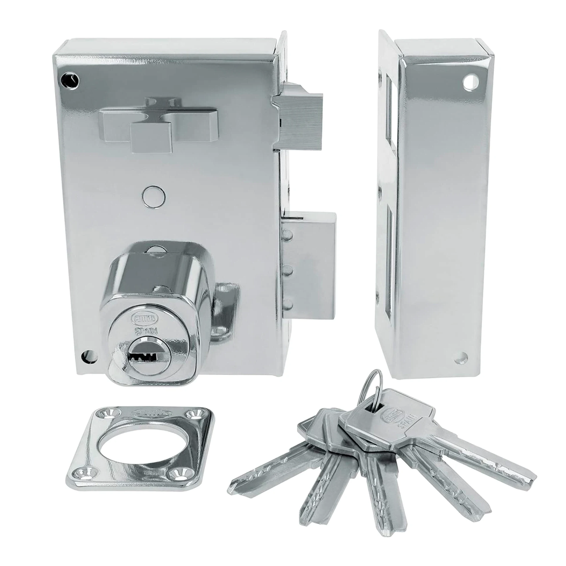 Amig - Serratura da sovrapposizione a destra con leva di chiusura, linguetta e maniglia per porte in legno mod. 75, 72 x 112 mm, cilindro rotondo di sicurezza, acciaio argentato