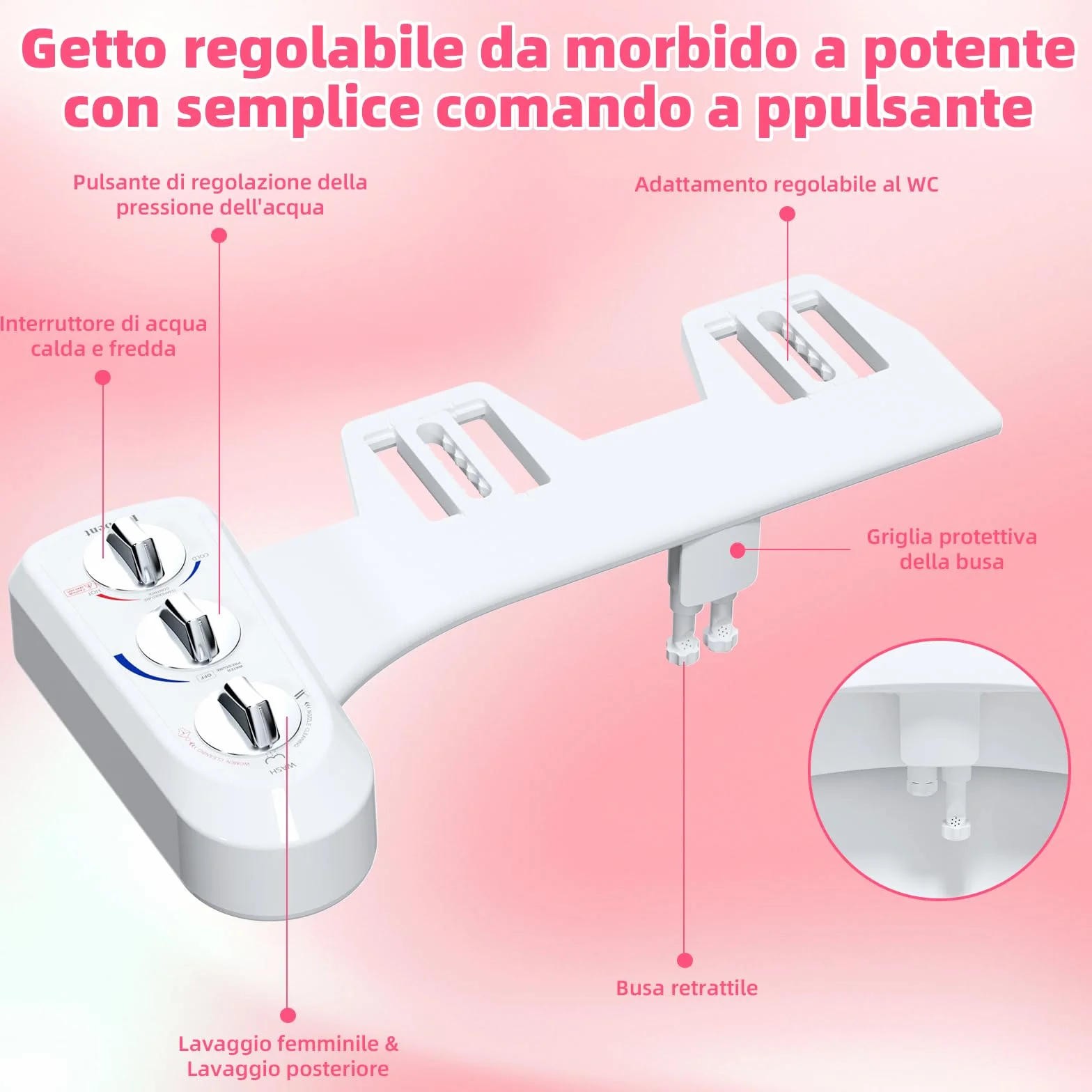 Hibbent Bidet WC Doccia Toilette autopulente pulizia ugello caldo freddo non-electric meccanico sedile pressione acqua regolabile T-Adattatore 3/8
