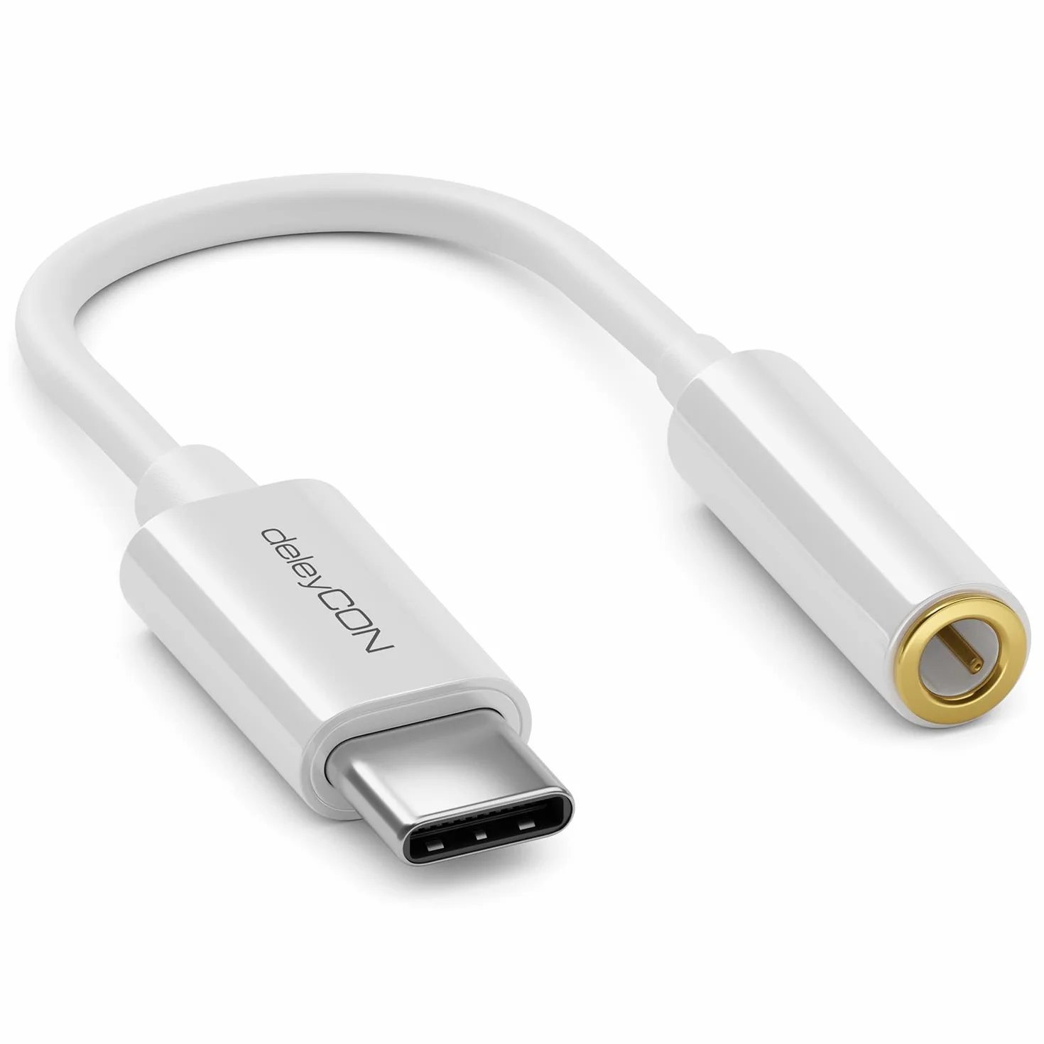 deleyCON 10cm Adattatore Cuffie USB‑C a Jack 3,5mm AUX - Compatibile con Apple, Samsung, Google, Huawei, Xiaomi, Smartphone, Tablet, Laptop, PC, Surface, Cuffie e Altoparlanti - Bianco