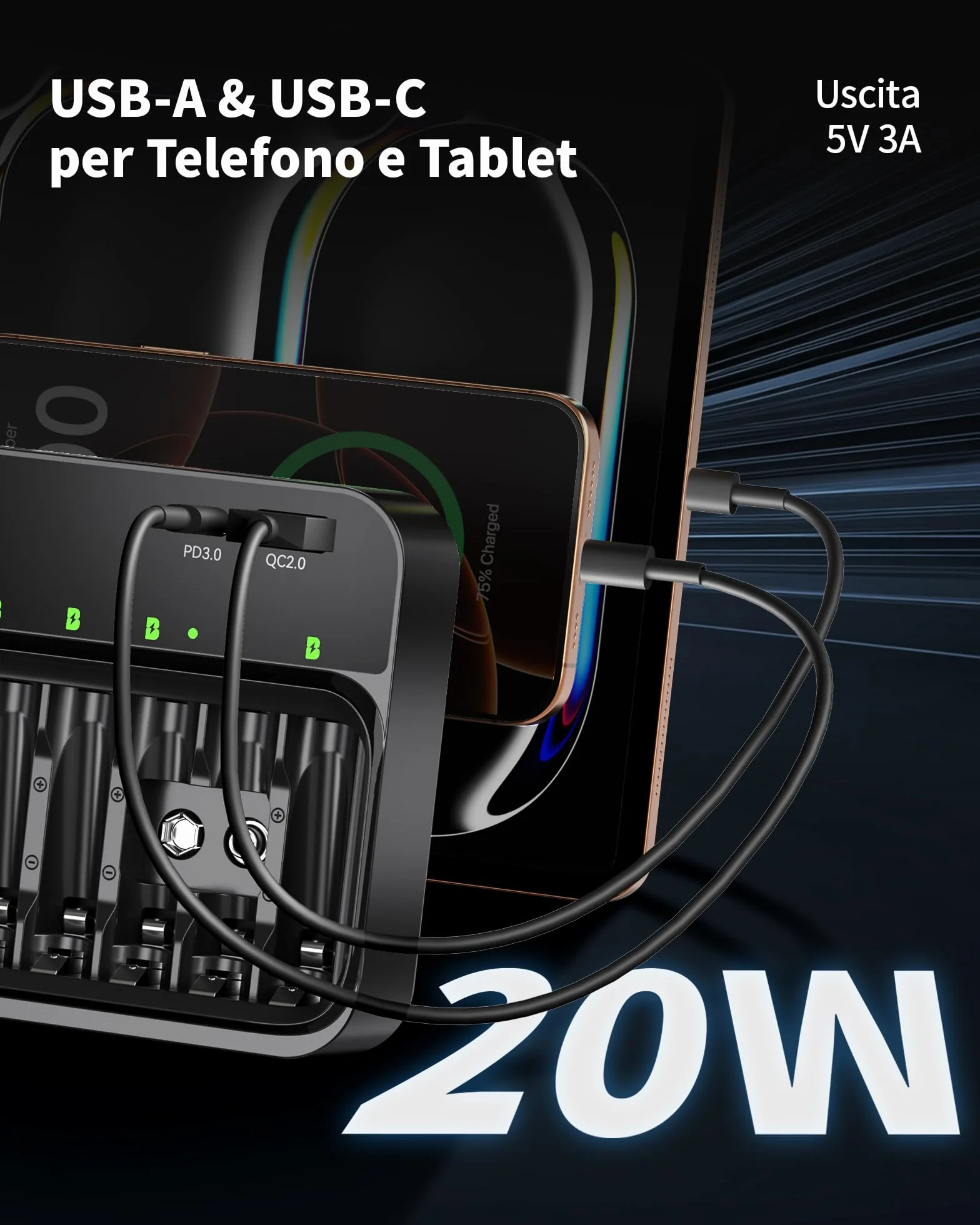 EBL Caricabatterie per batterie AA AAA 9V, 8 slot caricatore indipendenti, ingresso USB-C PD3.0 & Micro USB, caricatore rapido