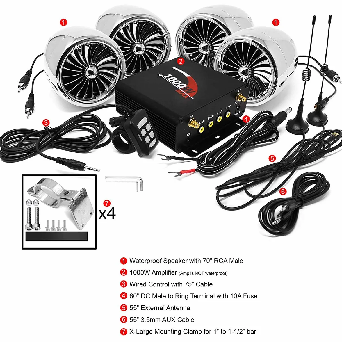 1000W Amplificatore per moto a 4 canali 4 "Altoparlanti stereo Bluetooth per moto impermeabili a gamma completa Sistema audio Radio FM per 1-1,5" Manubrio ATV UTV (Cromo, Ventola)