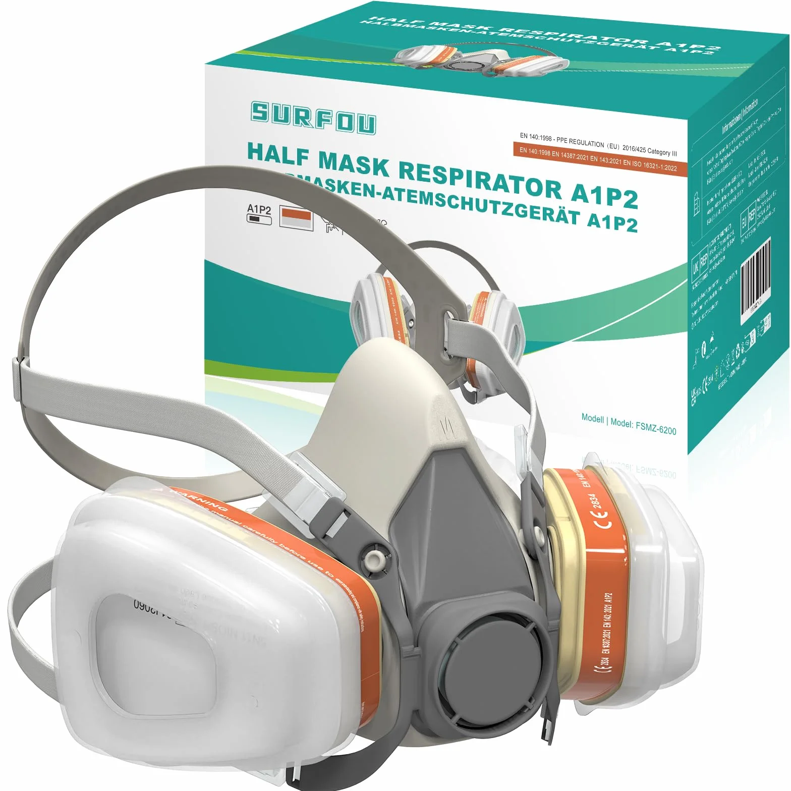 SURFOU Semimaschera Antipolvere con Filtro A1P2 Riutilizzabile 2 Cartucce Filtro + 10 Prefiltri per Verniciatura Levigatura