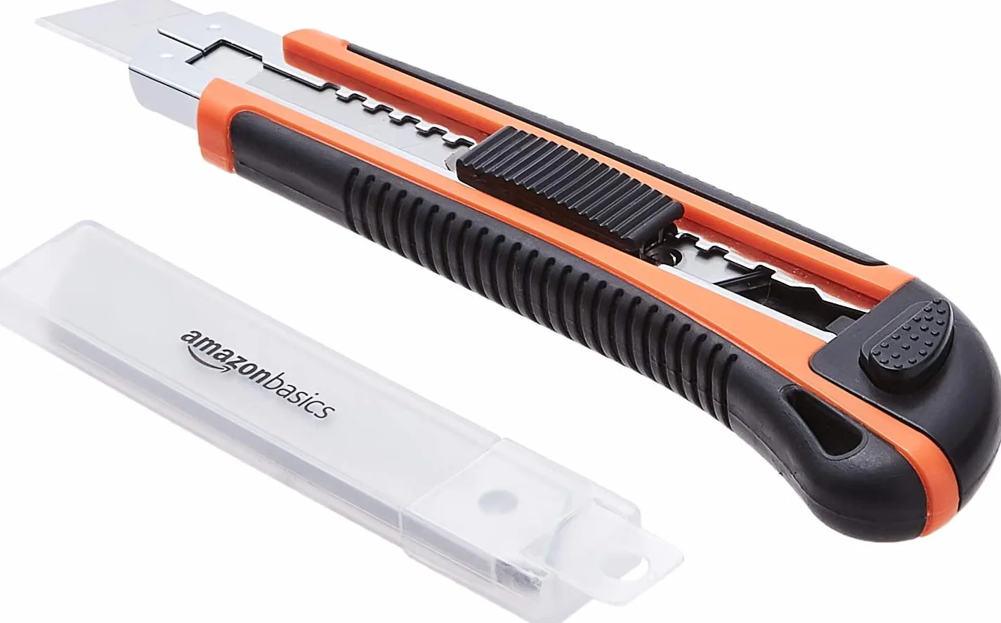 Amazon Basics Taglierino Retrattile con Lama Bloccabile, 10 Lame di Ricambio, Arancione/Nero