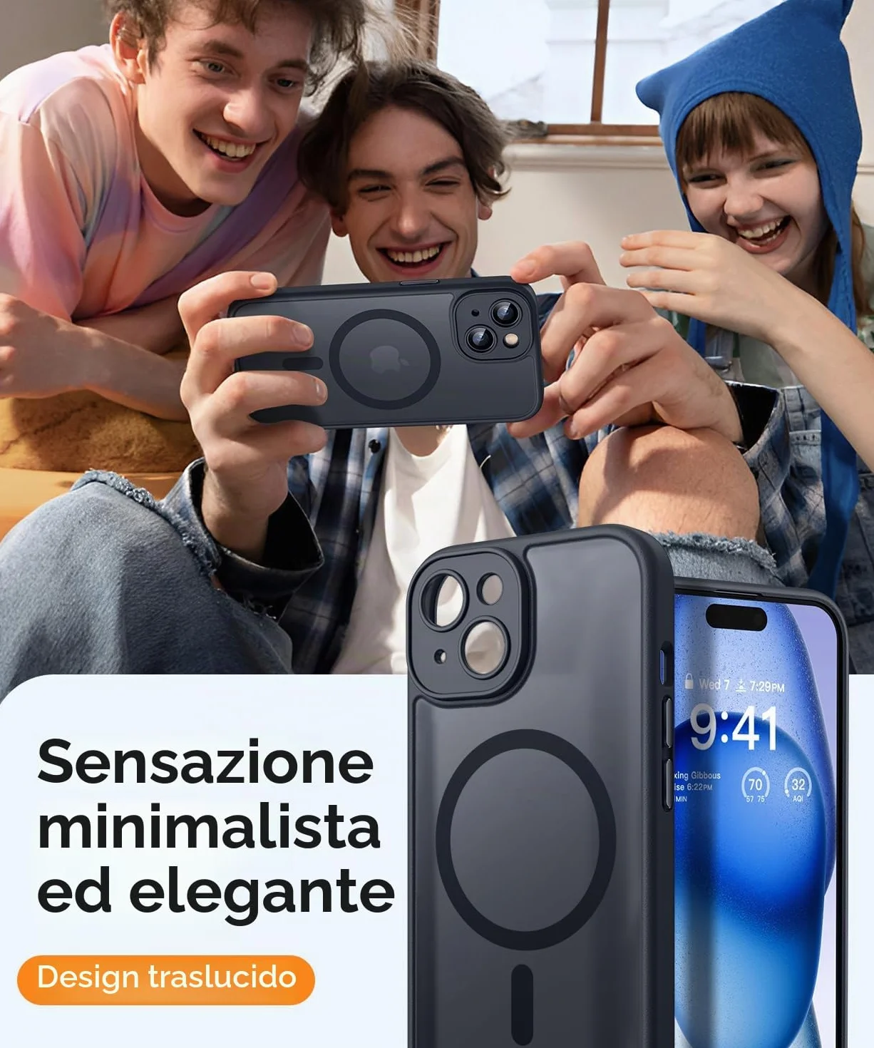 CANSHN Cover Magnetica per iPhone 15, Compatibile con MagSafe, [Protezione Completa Della Fotocamera], Custodia Traslucida Opaca Protettiva Sottile Antiurto 6,1 Pollici - Nero