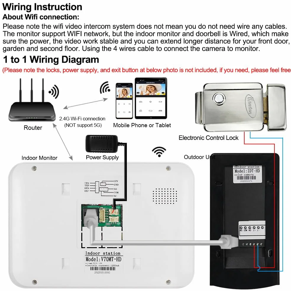 Sistema di Videocitofono Cablato LCD TFT da 7 '' Monitor per Interni WiFi Tuya 1080P Camera Motion Detection Visione Notturna Audio a 2