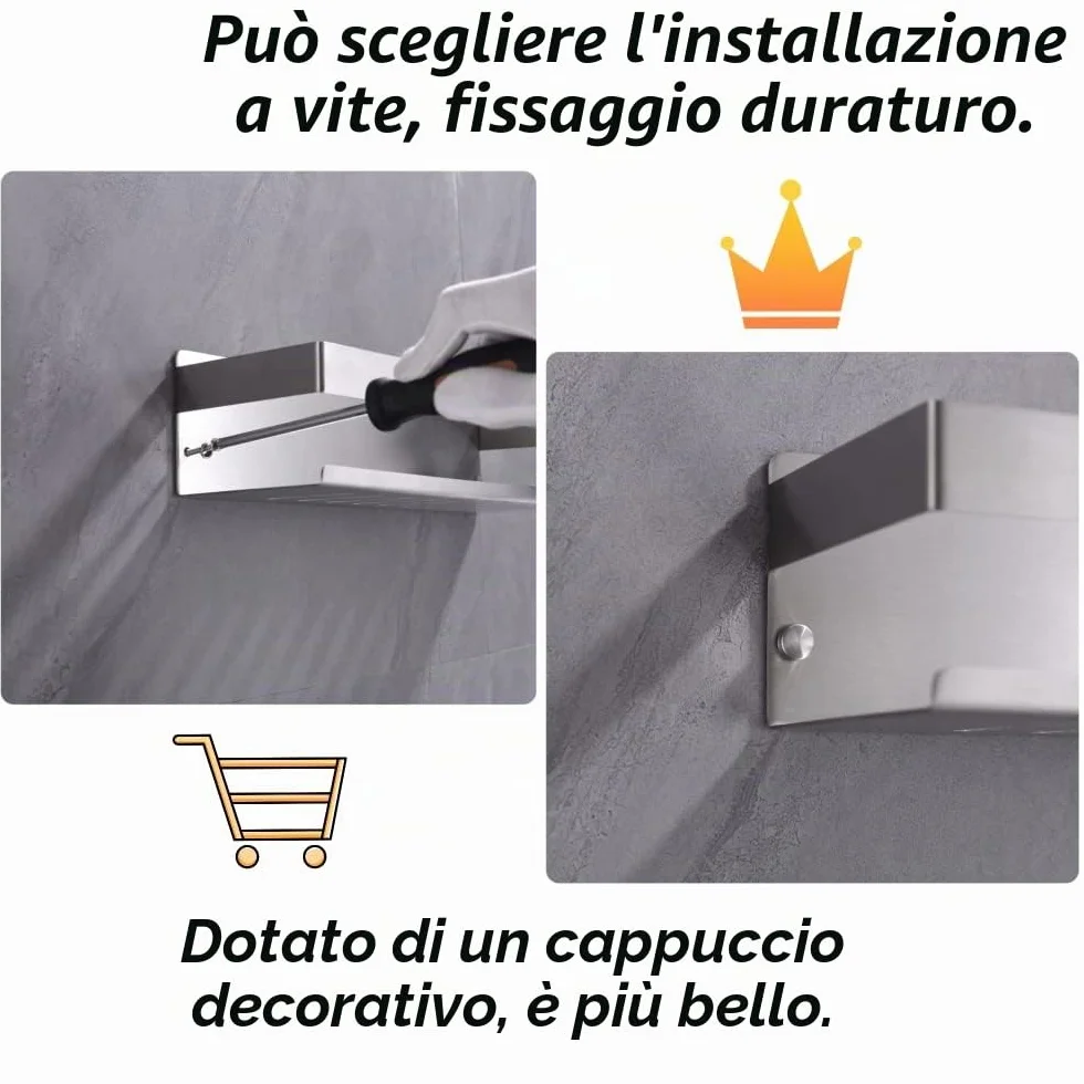 Mensola da Doccia Senza Foratura SUS304 Acciaio Inossidabile Nichel Spazzolato 23CM