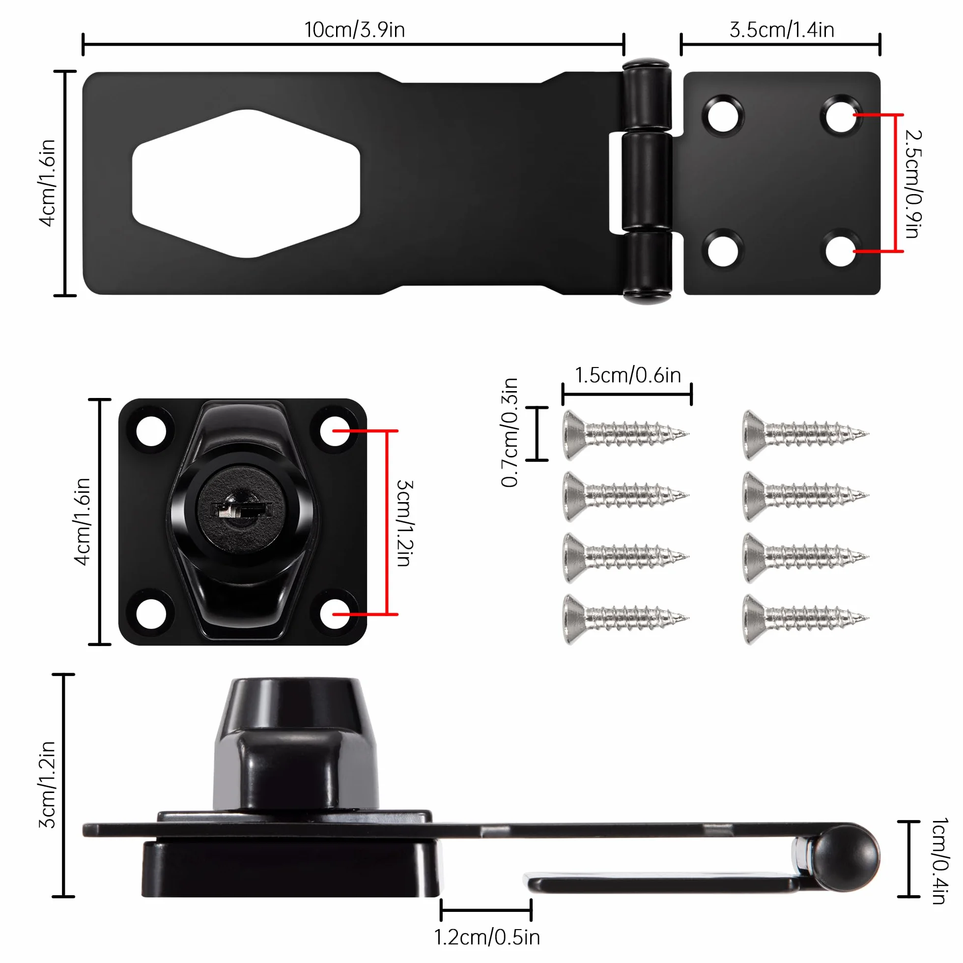 Hasp Serratura in Metallo 2 Pezzi, Lucchetto in Acciaio Inox Chiavistello per Porta Armadietti (Nero)