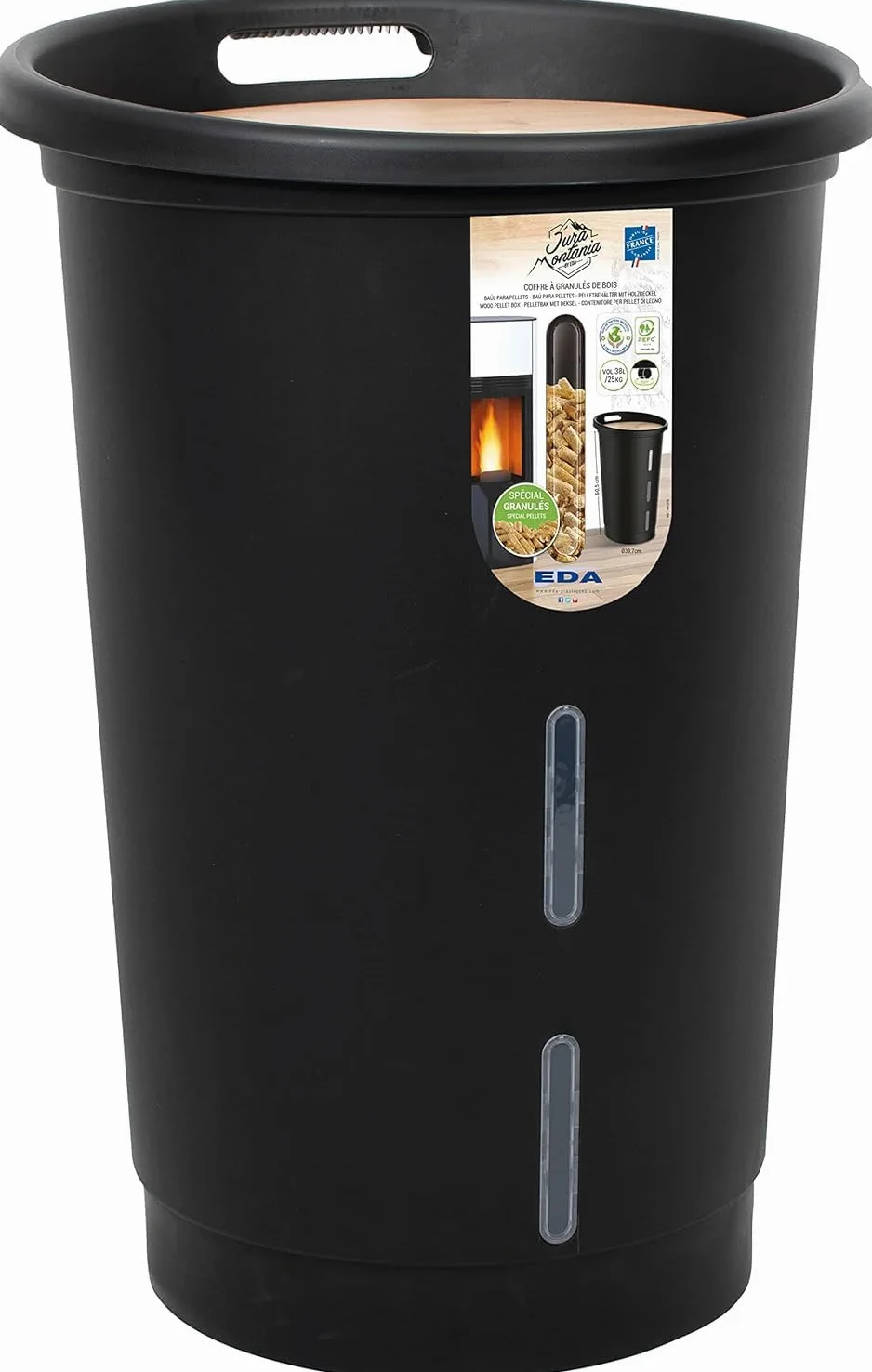 EDA - Baule per pellet Jura Montania con ruote 38 L - per 25 kg di pellets - nero, 010478 NO, Ø 39,7 x 60,5 cm