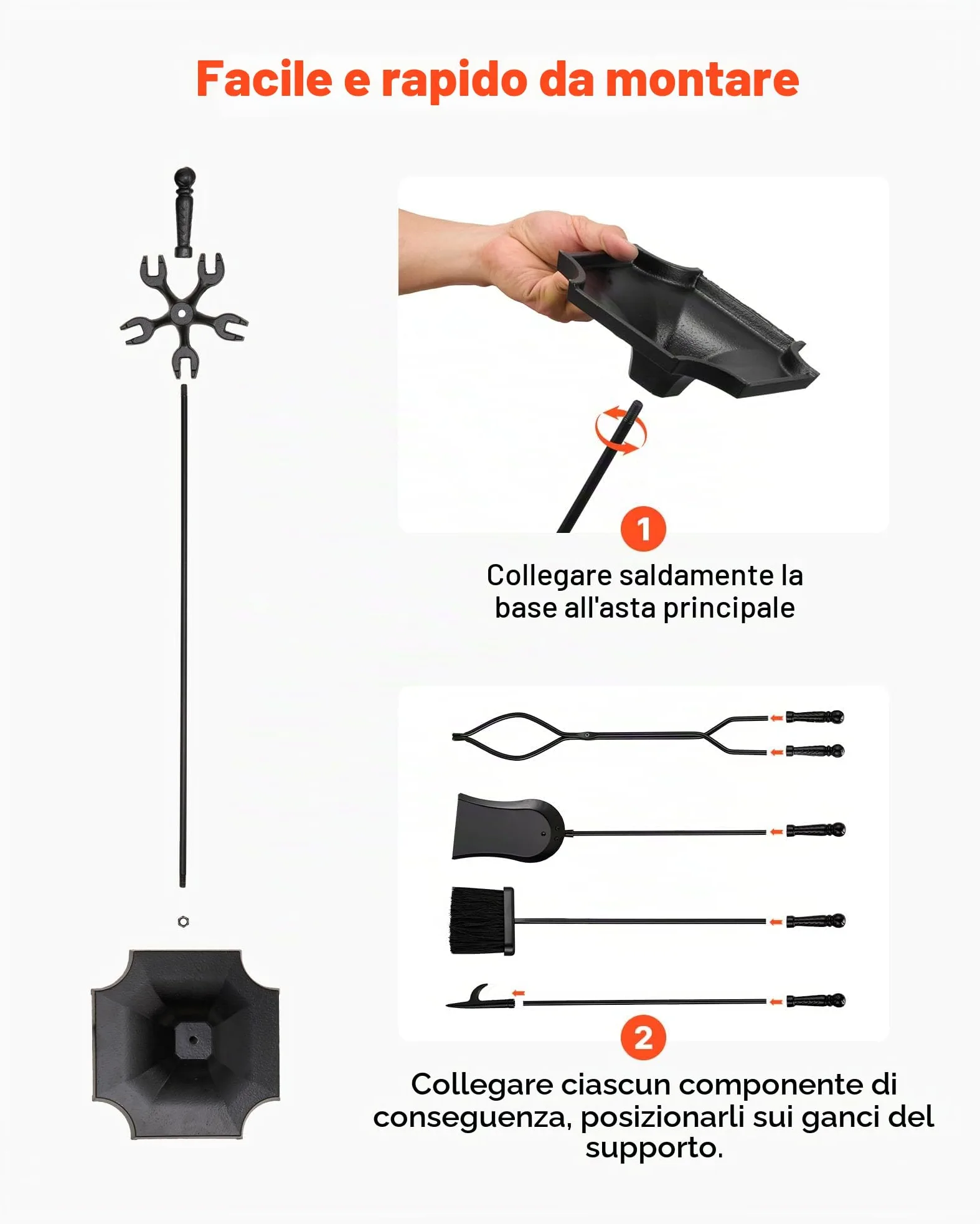 VEVOR Set di Attrezzi per Camino, 5 Pezzi, con Supporto a Cinque Punte, Pinze, Paletta per Cenere, Spazzola, Attizzatoio per Caminetto, Accessori per Camino in Ferro Battuto per Falò, Nero