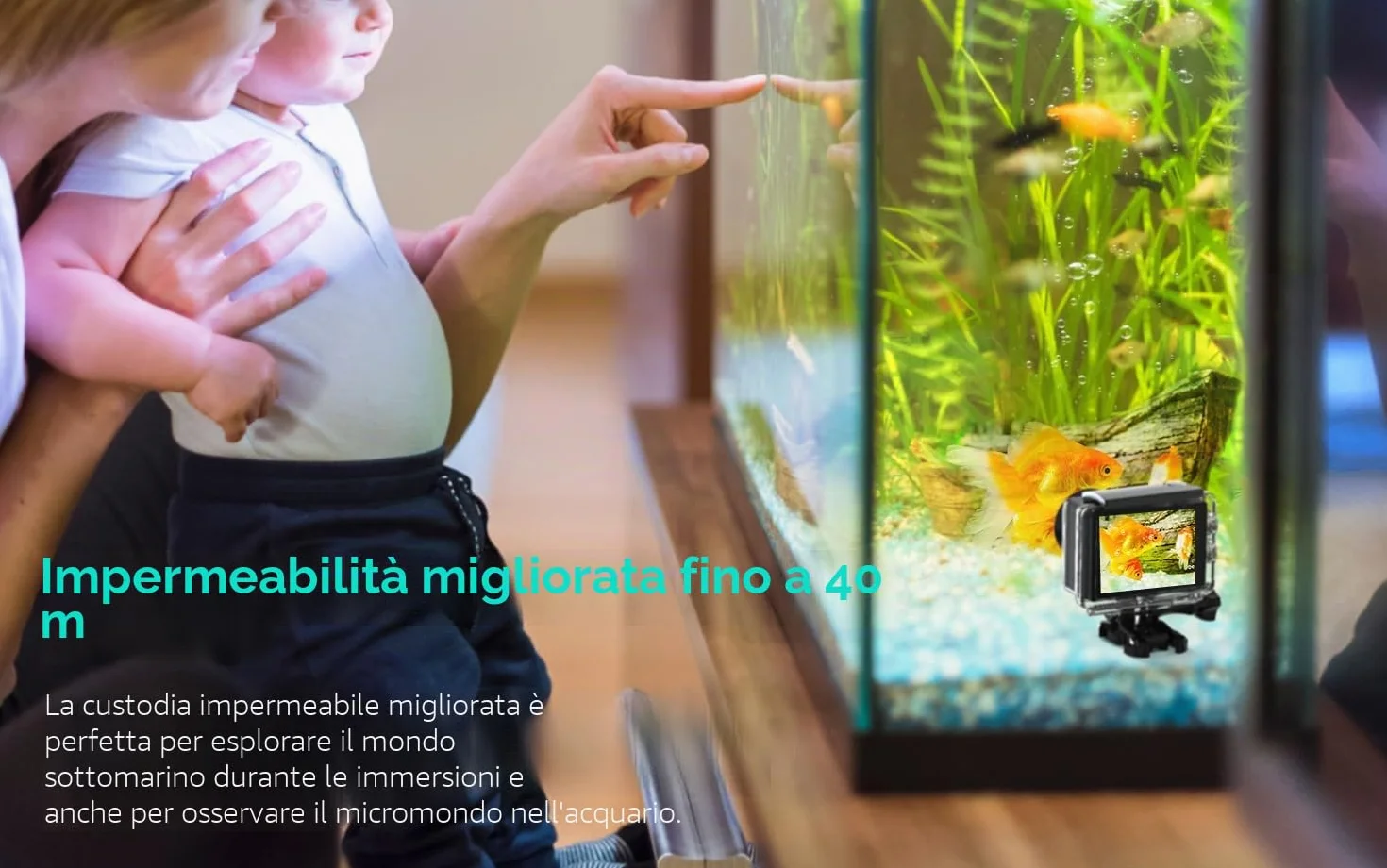 COOAU Action Cam 4K60 fps 64MP WiFi touch screen con microfono esterno, fotocamera subacquea 40 m Type-C EIS stabilizzazione 170° Action Camera 2 x 1350 mAh batterie/accessori