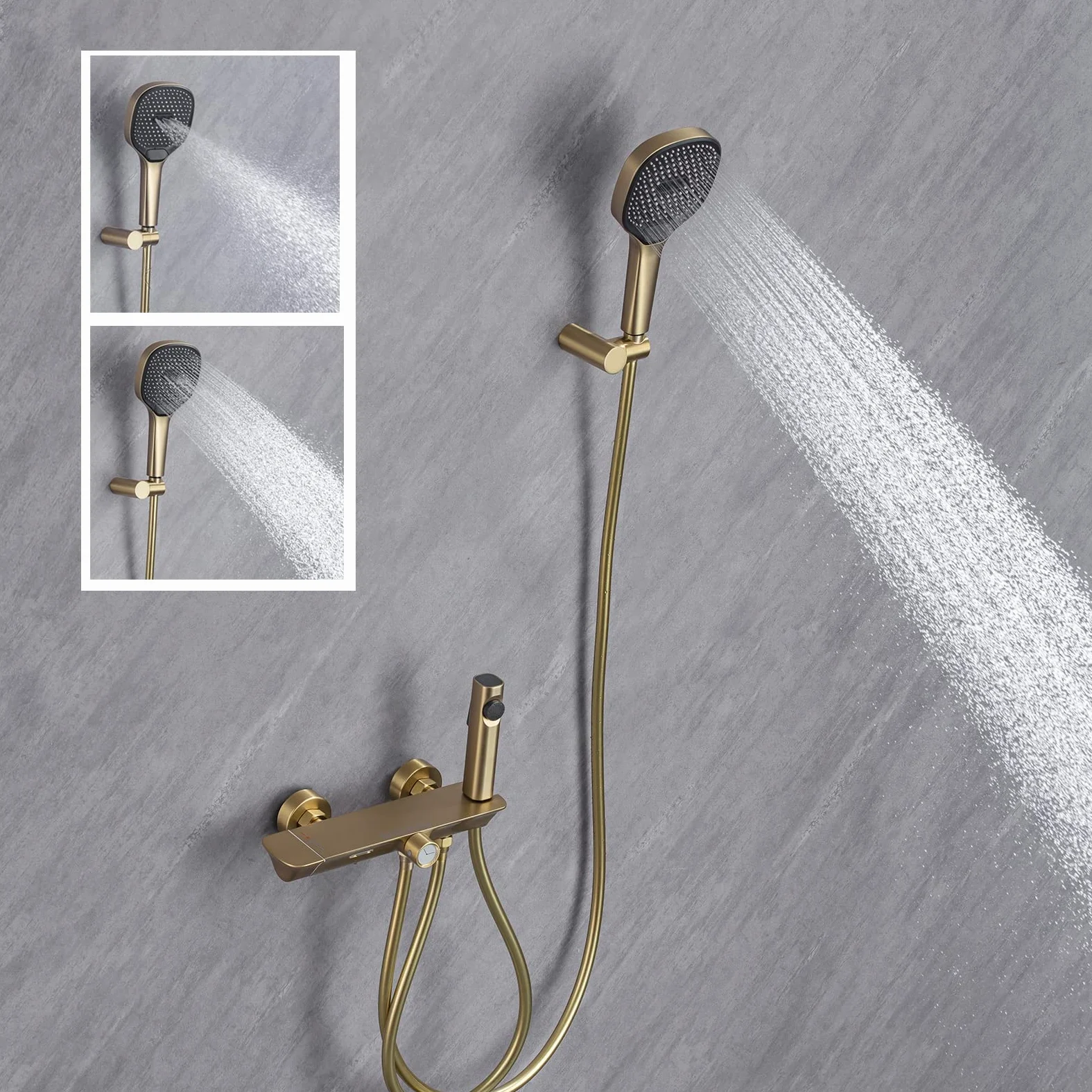 Rubinetto per Vasca da Bagno a Parete, con Cascata, con doccetta, doccetta per Bidet, Set Doccia termostatico, Rubinetto con Maniglia Singola, Oro Spazzolato, Spazzolato G (Nero)