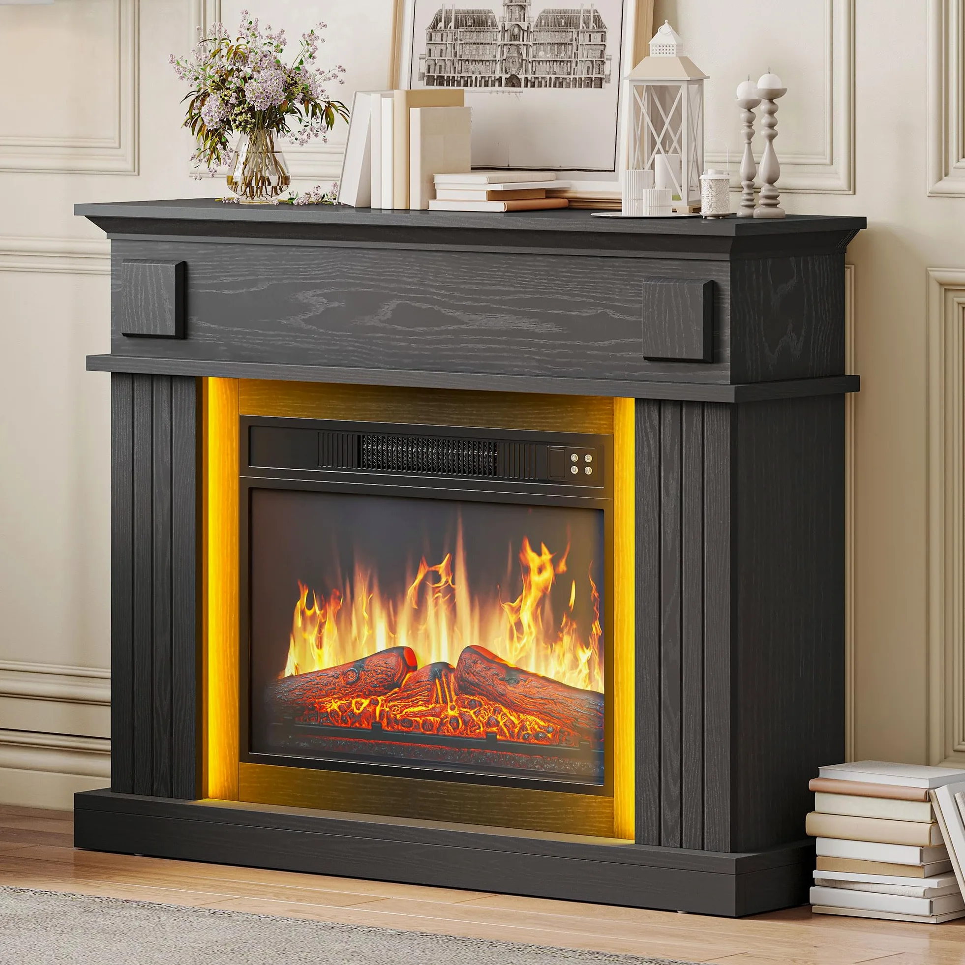 YITAHOME 39 Camino Elettrico da Terra, Effetto Fuoco 3D, Timer, Nero | Camino Finto Decorativo LED d'ambiente, Caminetto Elettrico da Terra con termostato e telecomando, 100X26X80.5CM