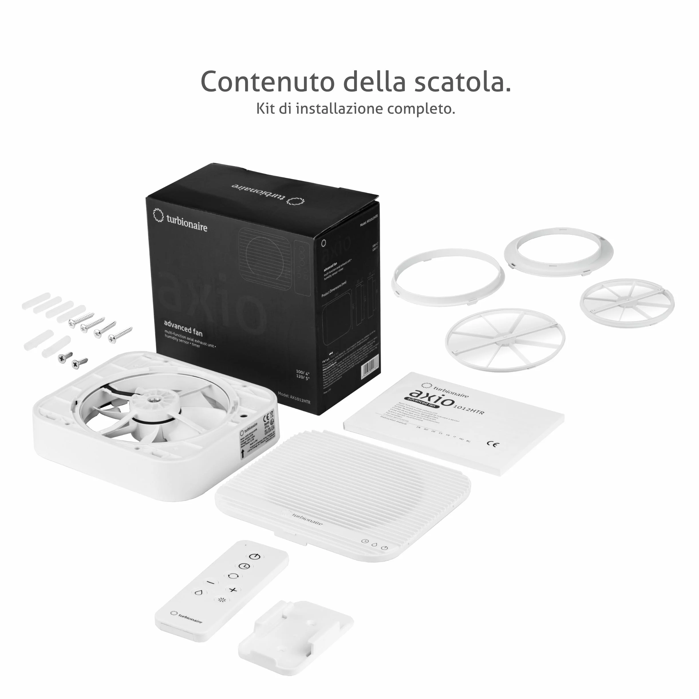 Turbionaire Axio 1012 HTR Aspiratore Bagno 100/120 mm 9.2W Sensore Umidità Telecomando 8 Velocità