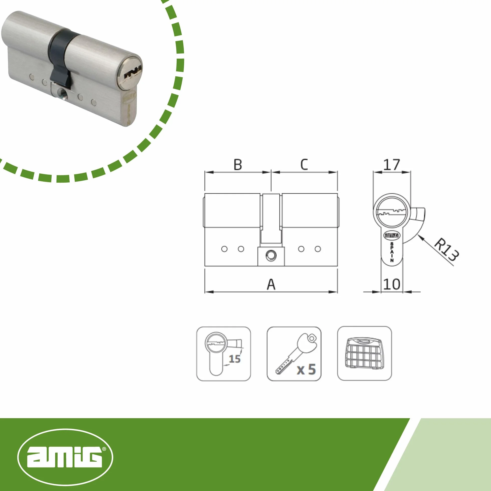 Amig - Cilindro di Alta Sicurezza Modello 20.010 | Ottone Cromato Opaco | Doppia Frizione e Protezione Antitrapano | Carta di Proprietà e 5 Chiavi di Sicurezza | 70 (35-35) mm | Carpenteria Metallica
