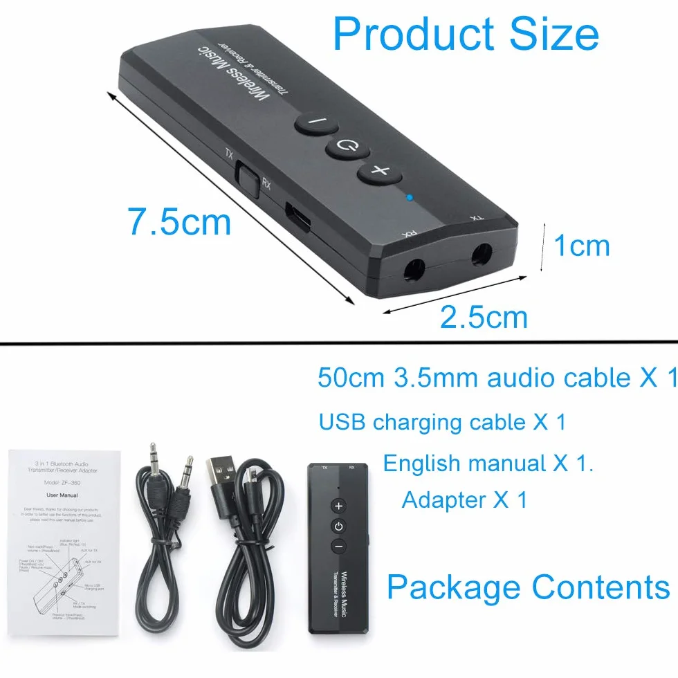 EasyULT Trasmettitore Ricevitore Bluetooth 3 in 1 Ricaricabile, con 300mAh Batteria, Wireless Adattatore Portatile Bluetooth 5.0 con 3.5mm Audio, per TV PC Cuffie Stereo Altoparlanti Auto - Nero