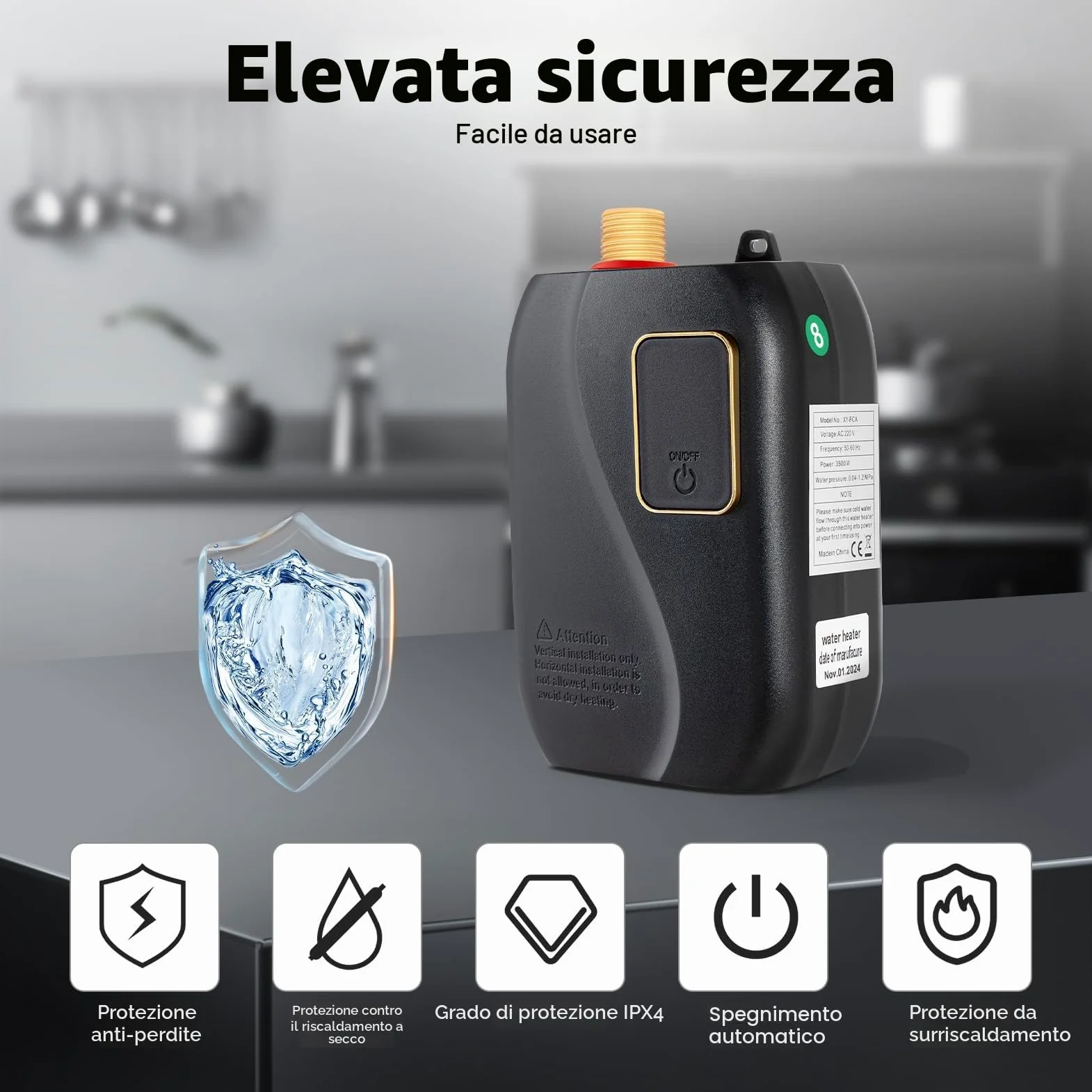 Scaldacqua istantaneo sottobanco elettrico da 3500 W | Scaldacqua professionale con schermo LCD di temperatura e protezione IPX4 | Preparazione istantanea di acqua calda per cucina/bagno |