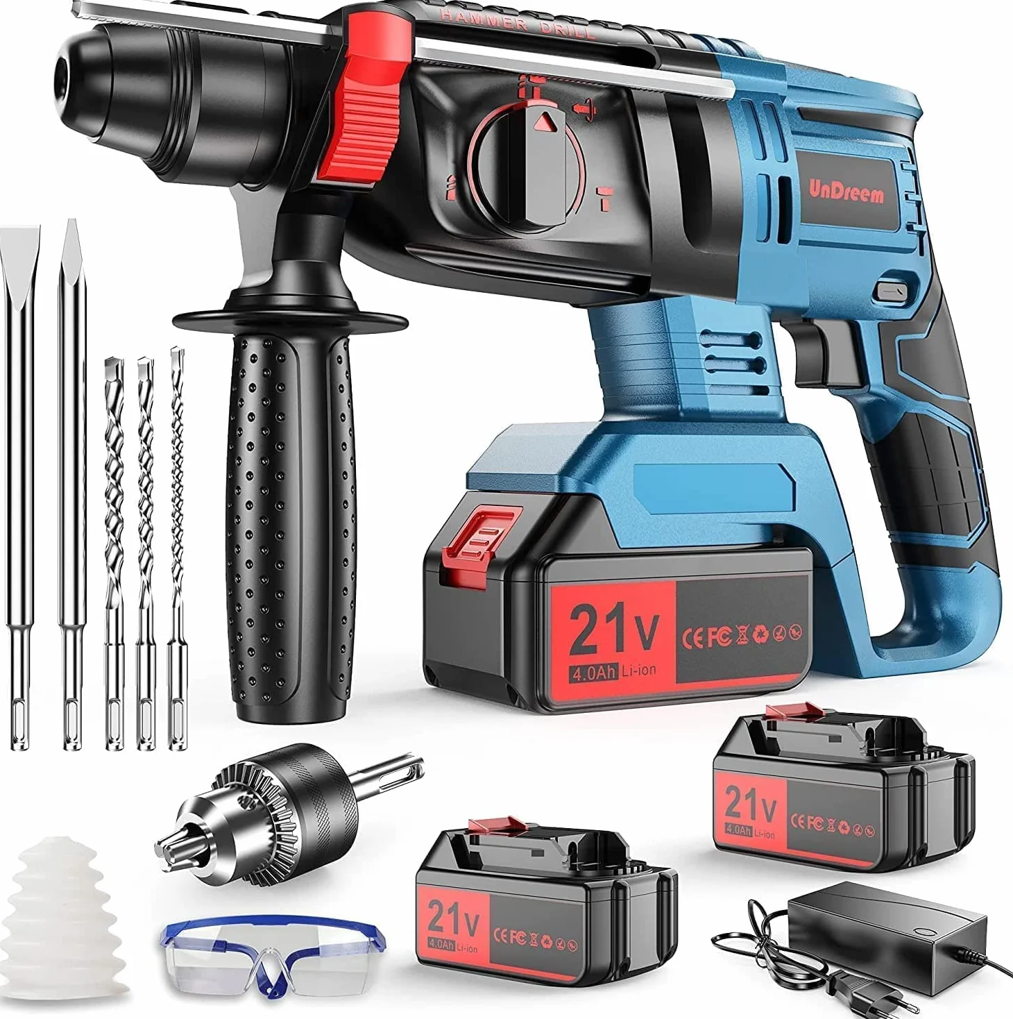 Martello Perforatore a Batteria 21V 4Ah SDS-plus 4 in 1, Adattatore con Mandrino, 3 Punte, 2 Scalpelli