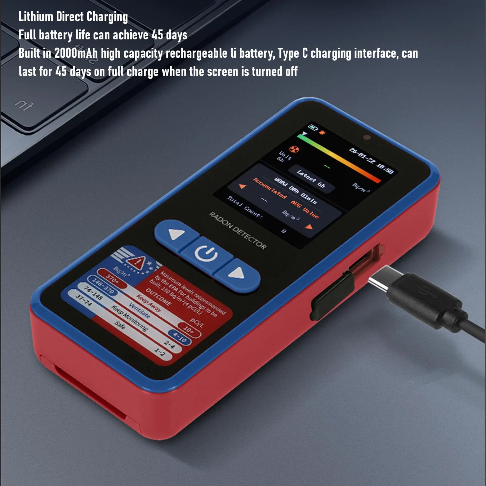 Rilevatore di Radon, Monitor di Radon con Portata 3,3-37k Bq/m, Sensore di con Batteria da 2000 MAh e Archiviazione Dati per 504 Giorni, Ideale per l'uso nel Seminterrato di Casa