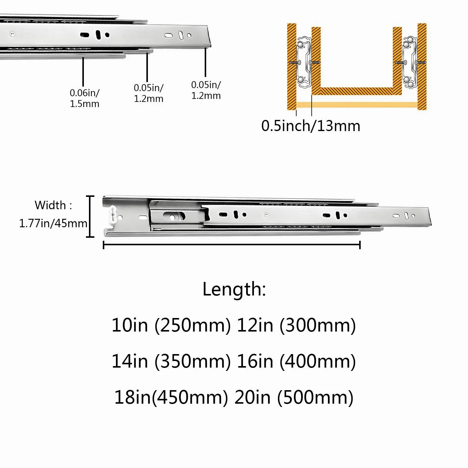 Guide per Cassetti per Carichi Pesanti, Capacità 45 kg, Binari con Cuscinetti a Sfera a Estrazione Totale in Lunghezze da 250 300 350 400 450 500 mm(14in (350mm))