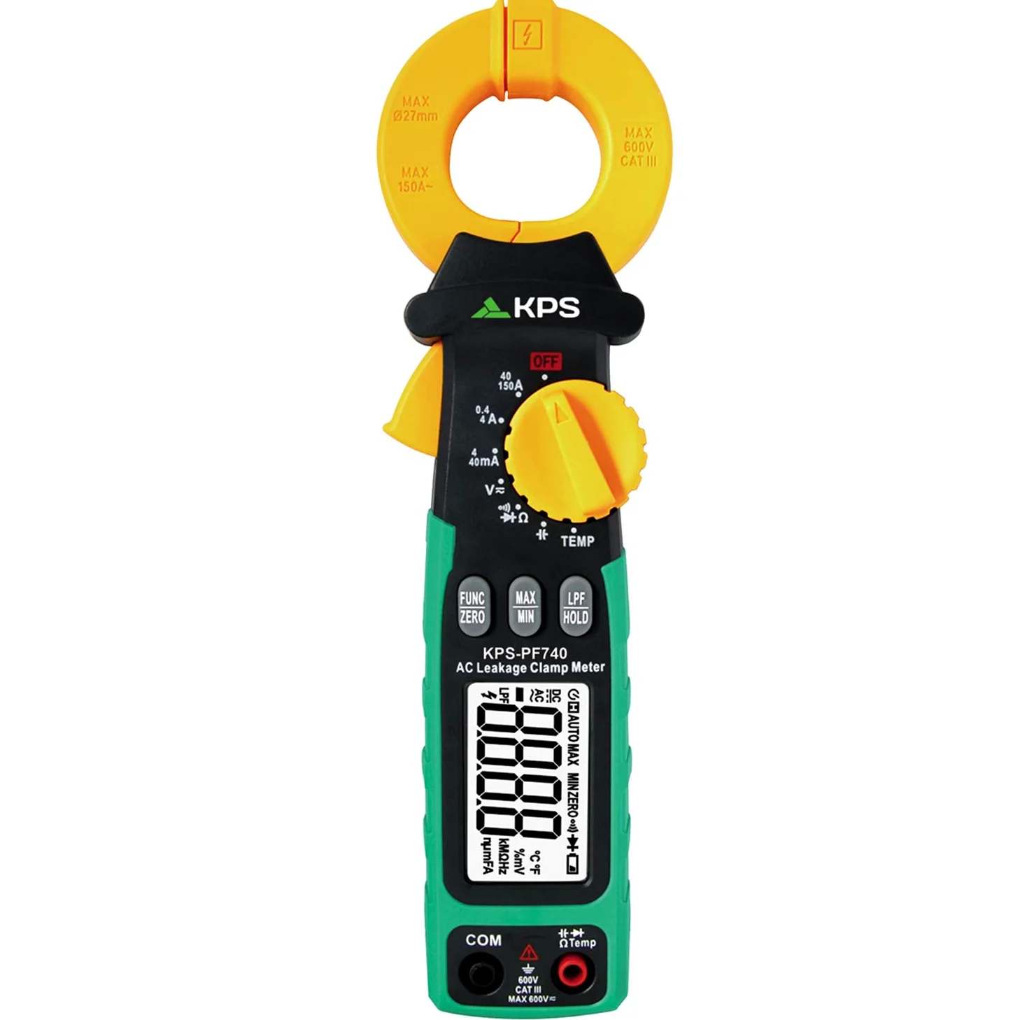 KPS -PF740 Pinza di perdite TRMS AC Max 150A, 4000 conti, tensione AC/DC 600 V, corrente AC 150 A, resistenza 40 MΩ, capacità 40 μF e temperatura, cat. III 600 V